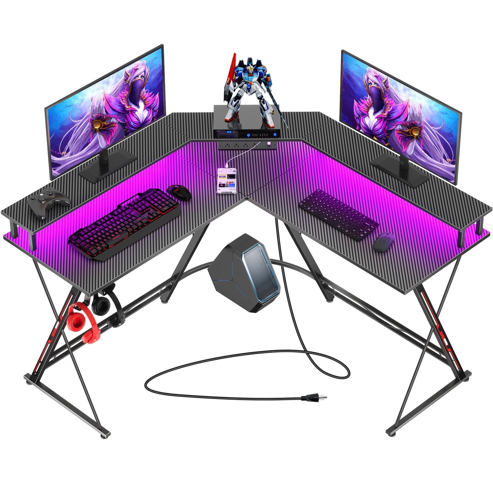 SEVEN WARRIOR L Shaped Gaming Desk with LED Lights & Power Outlets, 50.4” Computer Desk with Monitor Stand, Corner Desk with Carbon Fiber Surface, Gaming Table with Hooks, Black