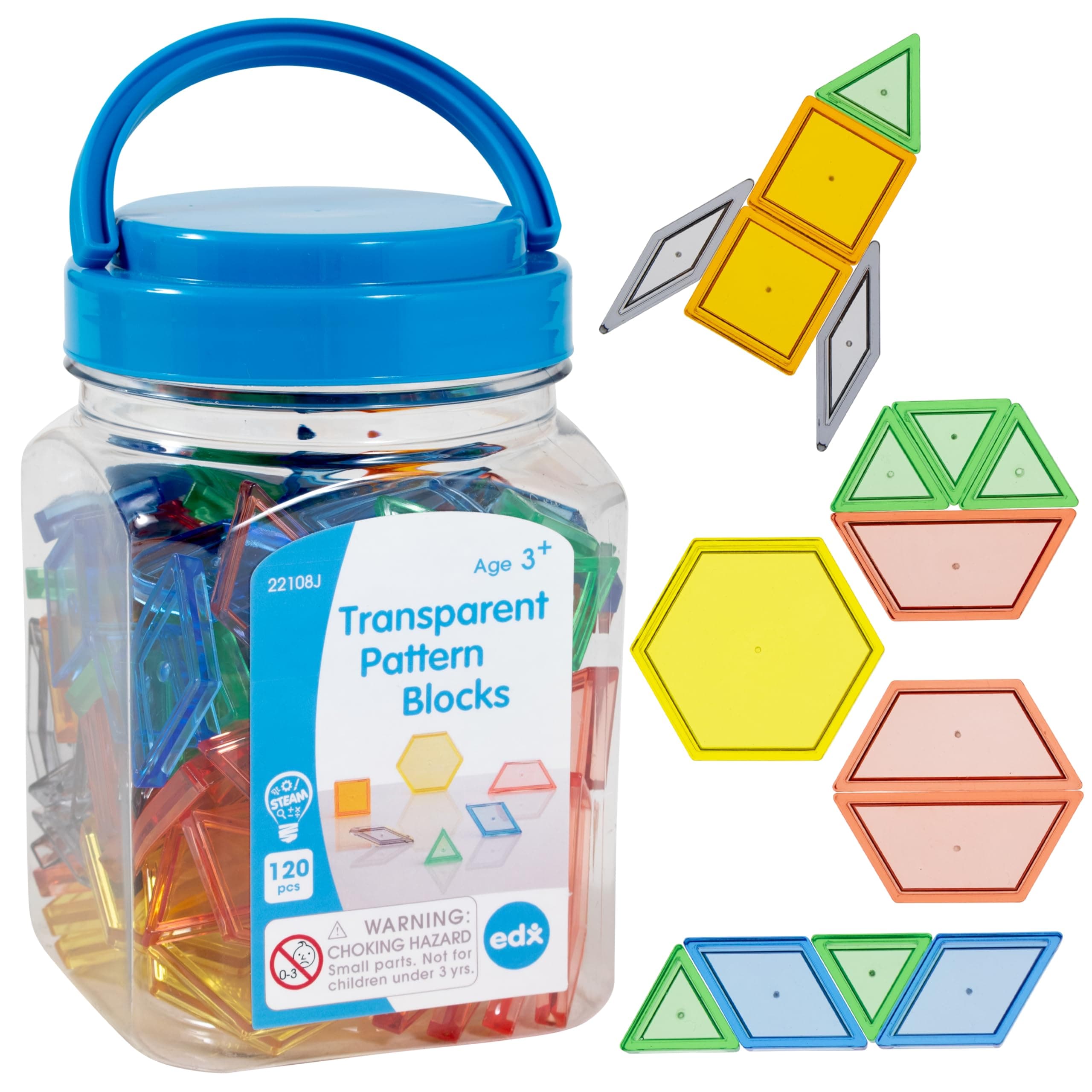 edx education Transparent Pattern Blocks - Mini Jar - Plastic Pattern Blocks - Practice Sorting, Patterns, Measurement and Fractions - Sensory Play - Math Manipulative