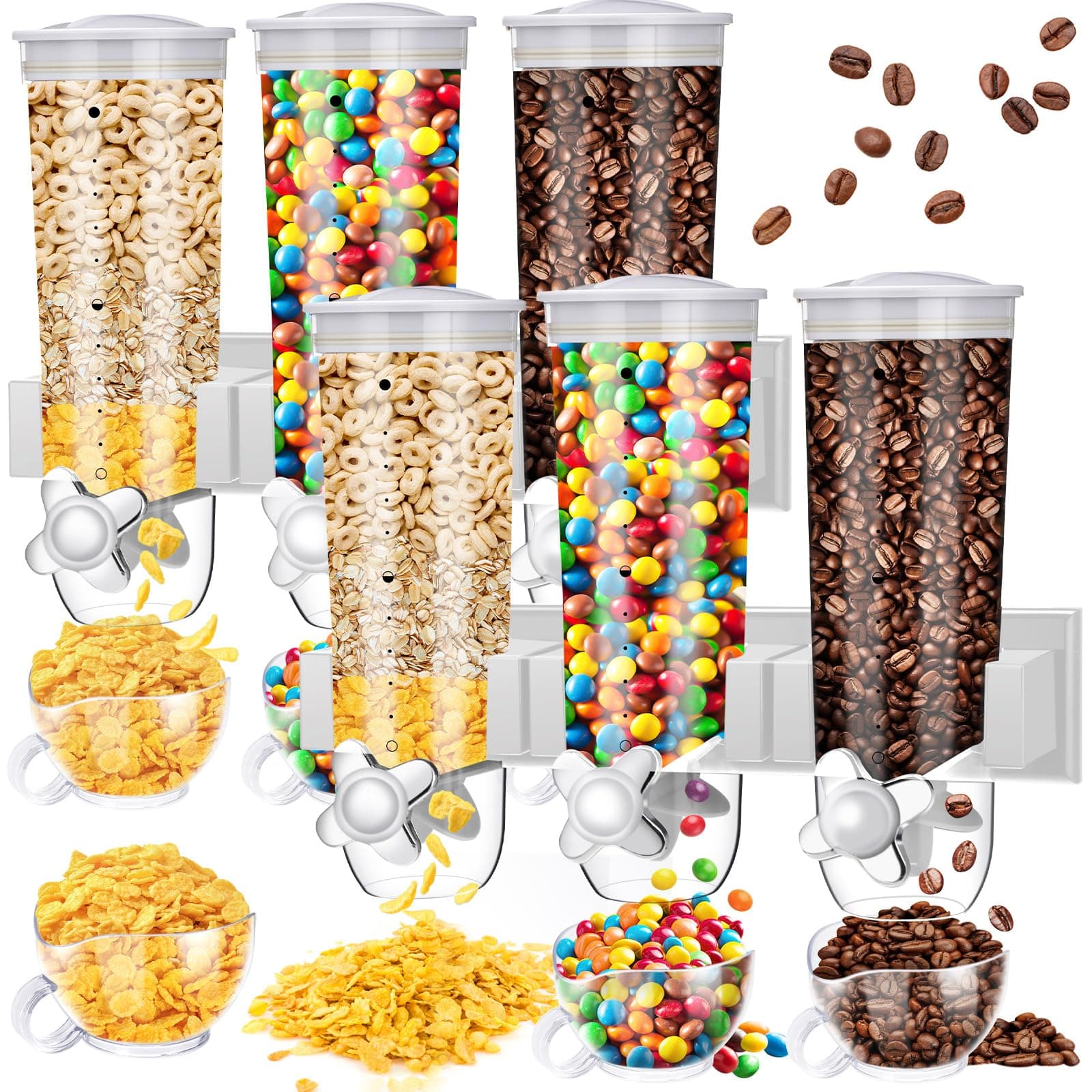 Nitial 2 Pieces Cereal Dispenser Wall Mounted 4.5L Triple Candy Machine Grain Dispenser with Cup Triple Dry Food Snack Wall Mount Cereal Storage Container for Kitchen Food Store Coffee Store (White)