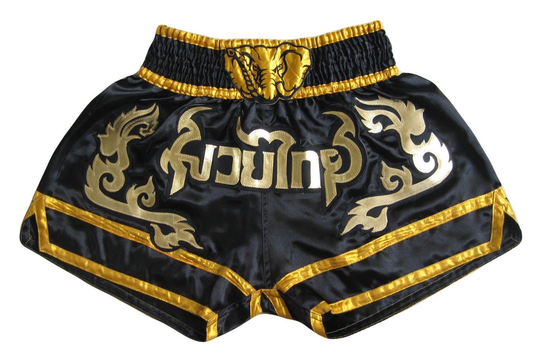 001569 Muay Thai Kick Boxing Shorts Trunks Black Size M Satin Elephant Head