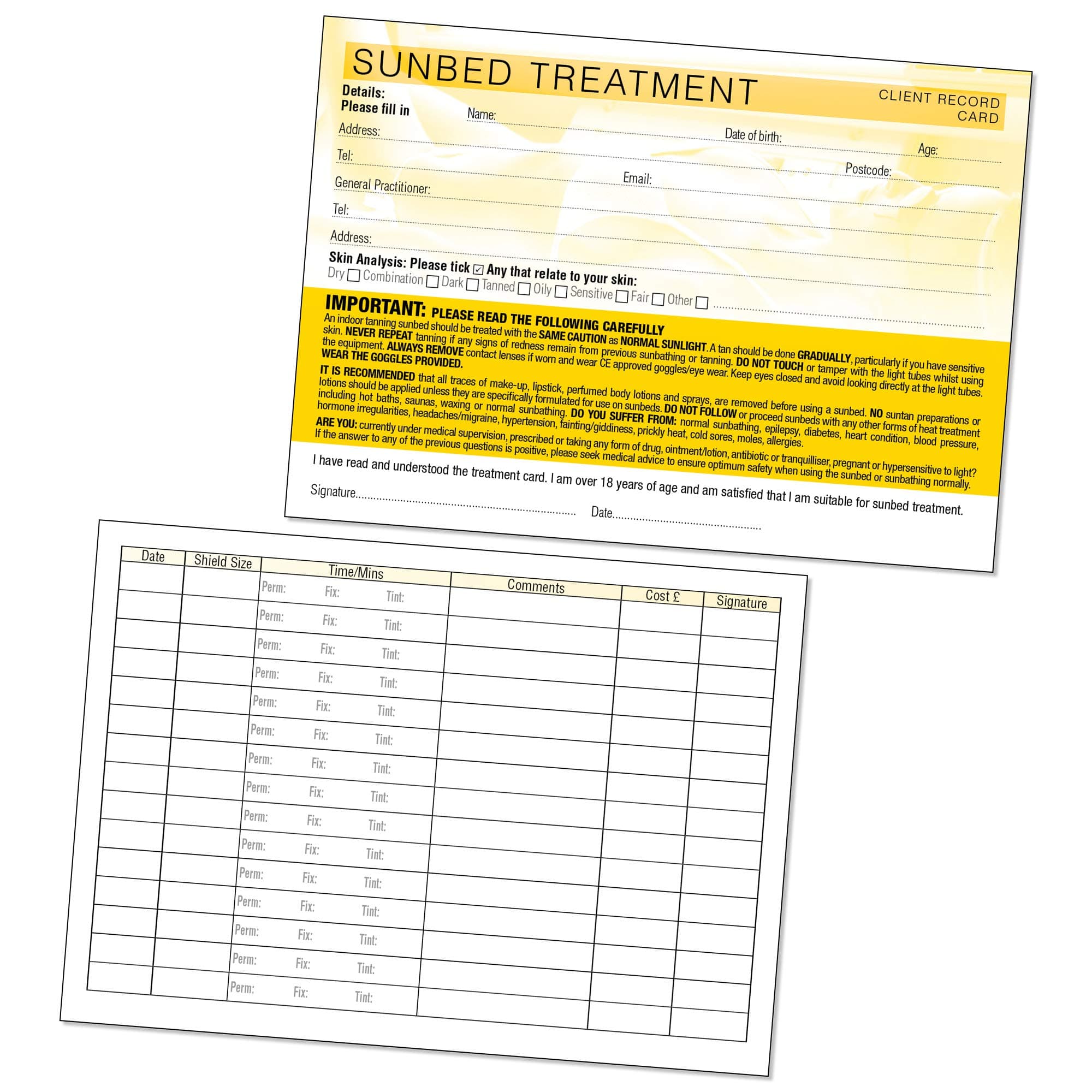 Sunbed Tanning Client Record Card - Treatment Consultation Form for Mobile Therapists & Salons A5 Pack of 50 - Landscape