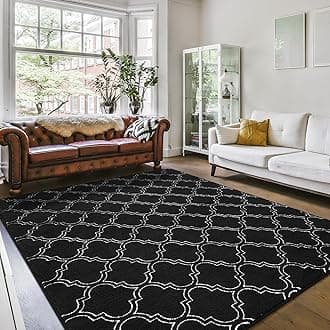 Amearea Fluffy Indoor Area Rug, Soft Trellis Moroccan Rugs for Bedroom, Shag Modern Area Rug for Living Room Kids Room Nursery, Easy Clean, Geometry Home Decor Low Pile Carpet, Black 5x7 Feet