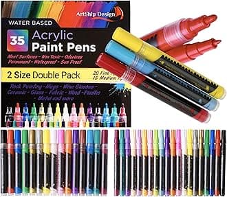 35 Premium Acrylic Paint Pens, Double Pack of Both Extra Fine and Medium Tip, for Rock Painting, Mug, Ceramic, Glass, and Fabric Painting, Water Based Non-Toxic and No Odor