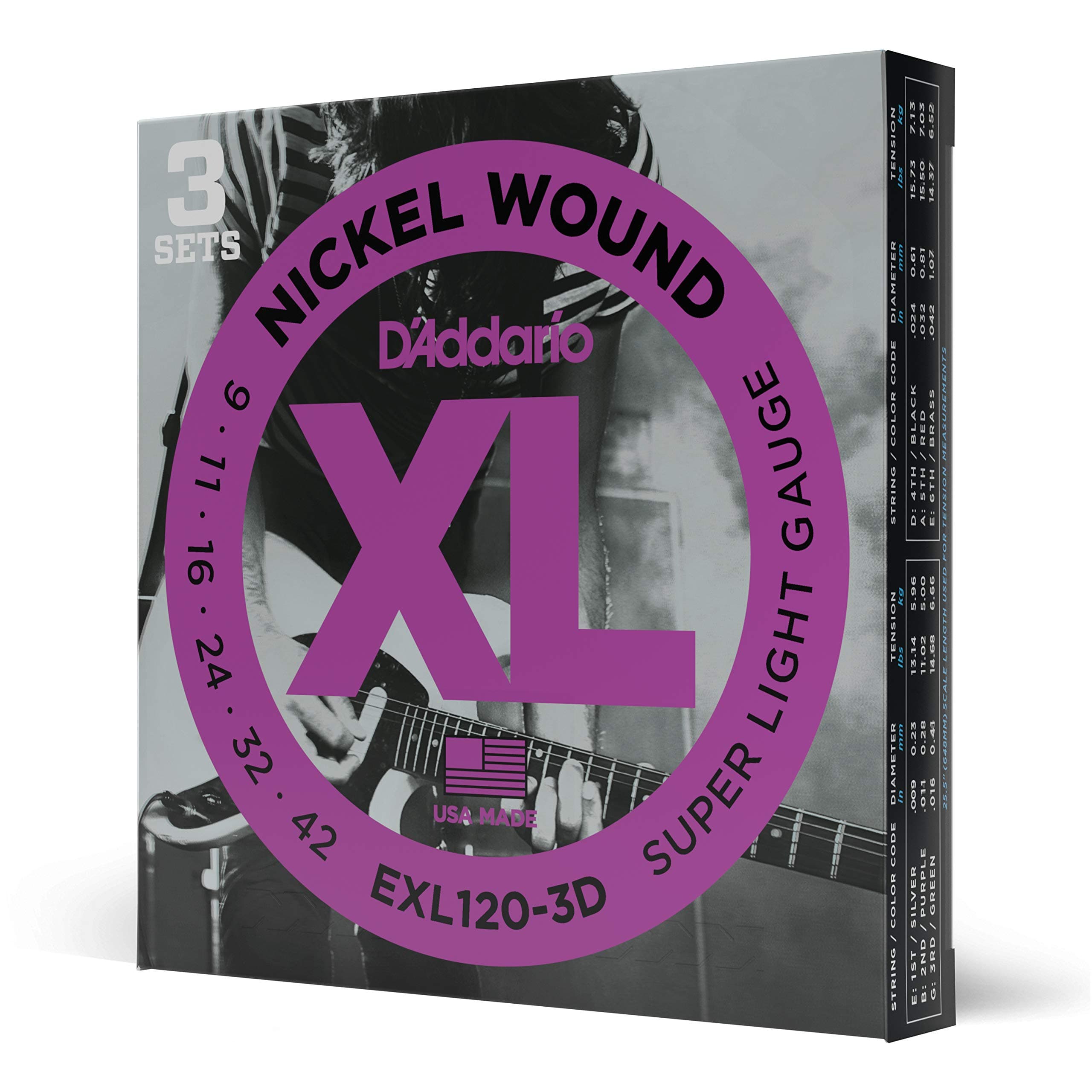 EXL120-3D Nickel Wound Electric Guitar Strings, Super Light, 9-42, 3 Sets
