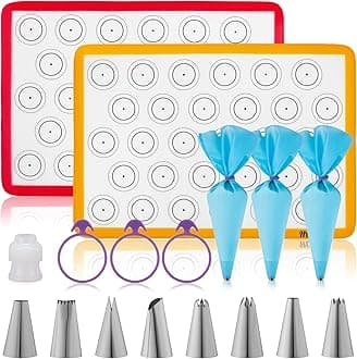 Hotpop Macaron Baking Kit (17pcs Set) – 2 Half Size Silicone Macaron Baking Mats (0.75mm) Plus 8 Piping Tips, 3 Piping Bags with 3 Bag Ties, 1 Coupler