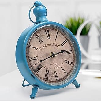 BELLE VOUS Silent Vintage Desk Clock - 23 x 15cm (9 x 6 inches) - Antique, Battery Operated, Non-Ticking, Analogue Clock for Bedside Table, Living Room or Office - French Farmhouse Design