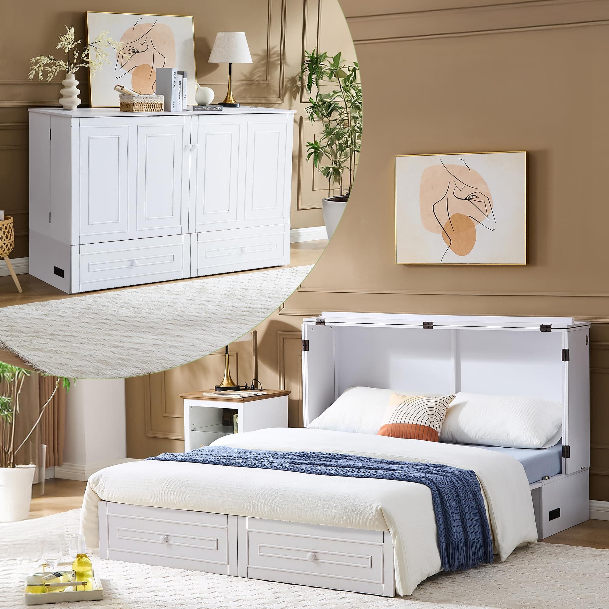 Queen Murphy Bed, Pine Wood Murphy Bed,Cubix Cabinet with Tri-Folding Mattress,Storage Drawer with14pcs Auxiliary Wheels & USB Charging Station for Living Room Apartment (White 5#)