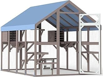 71" H Catio Outdoor Cat Enclosure Large Wooden Walk in Cats House Outside Weatherproof Roof,Attached to House's Window,Cat's Door and Tunnel (94.4: Large Catio-P12N)
