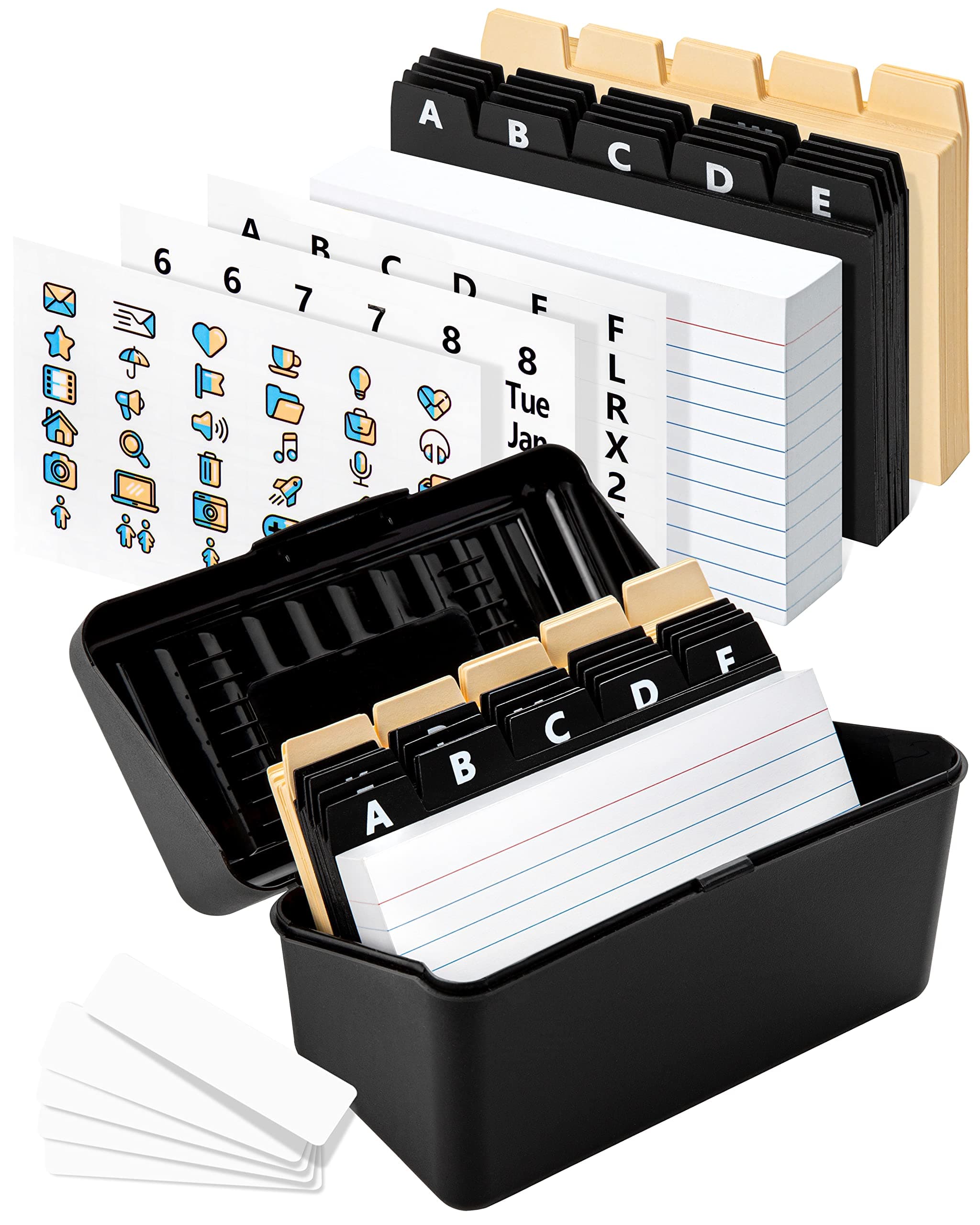 Black Index Card Holder 4x6 - Index Card Box With Index Dividers, Ruled Cards & Stickers - Recipe & Flash Card Holder Box Organizer
