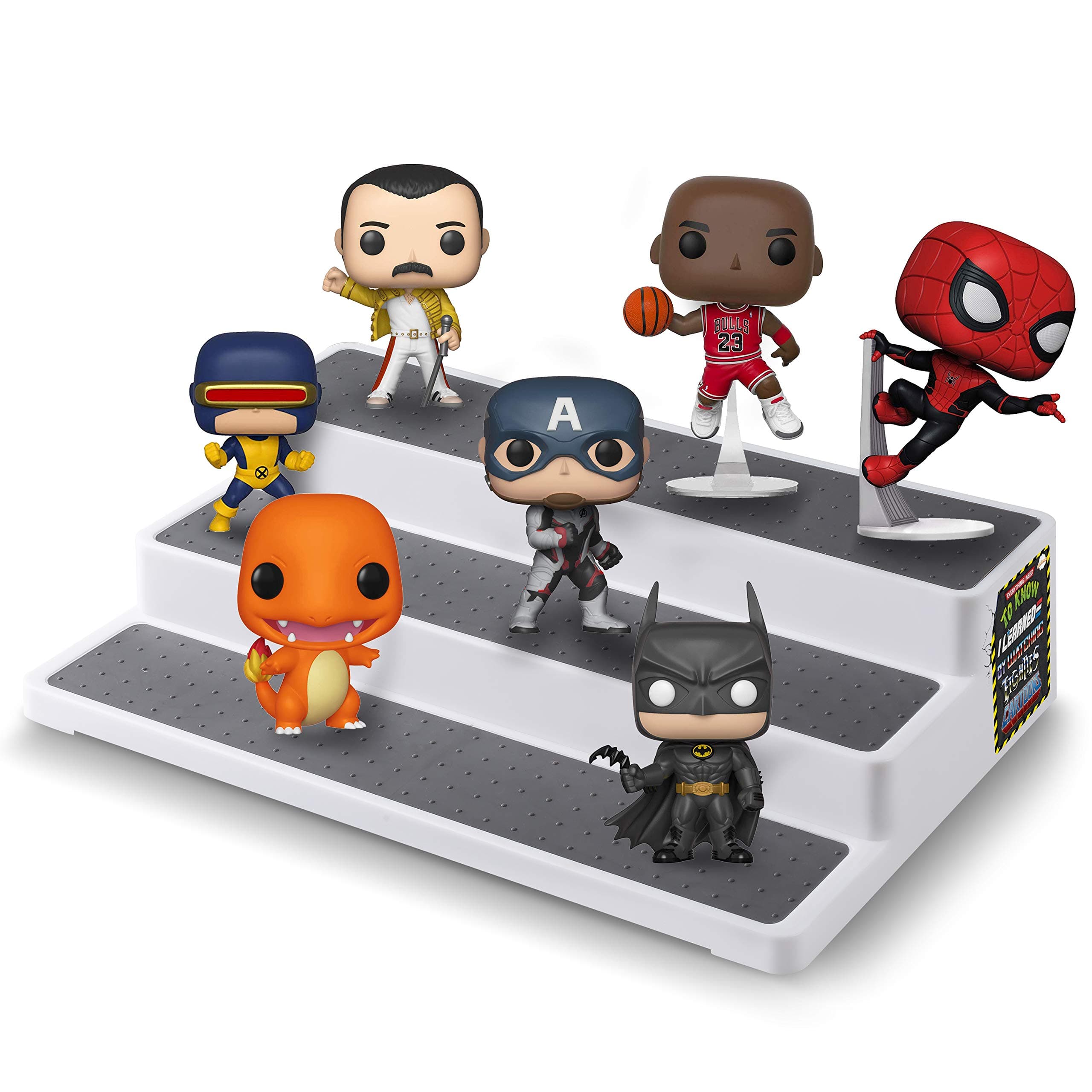 Plastic Riser Display Stand Shelf for Figures, Toys or Dolls | 3 Steps Display for Decoration and Organizer, 3-Tier, 80's Cartoons Love design (14x9.5 inch)