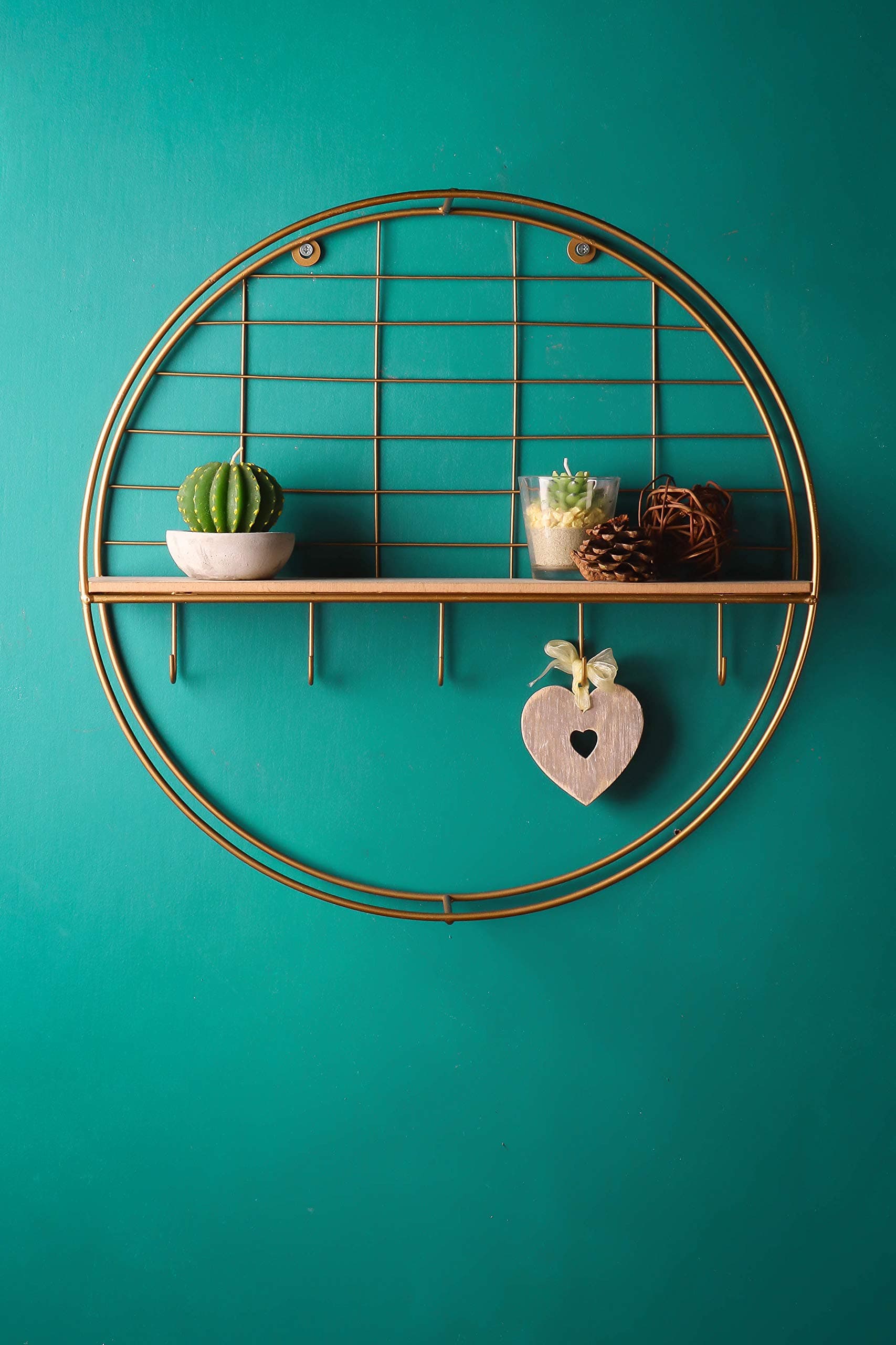 Round Gold Wall Shelf Circle Shelving Rack Unit Wire Metal Wood Storage Hooks