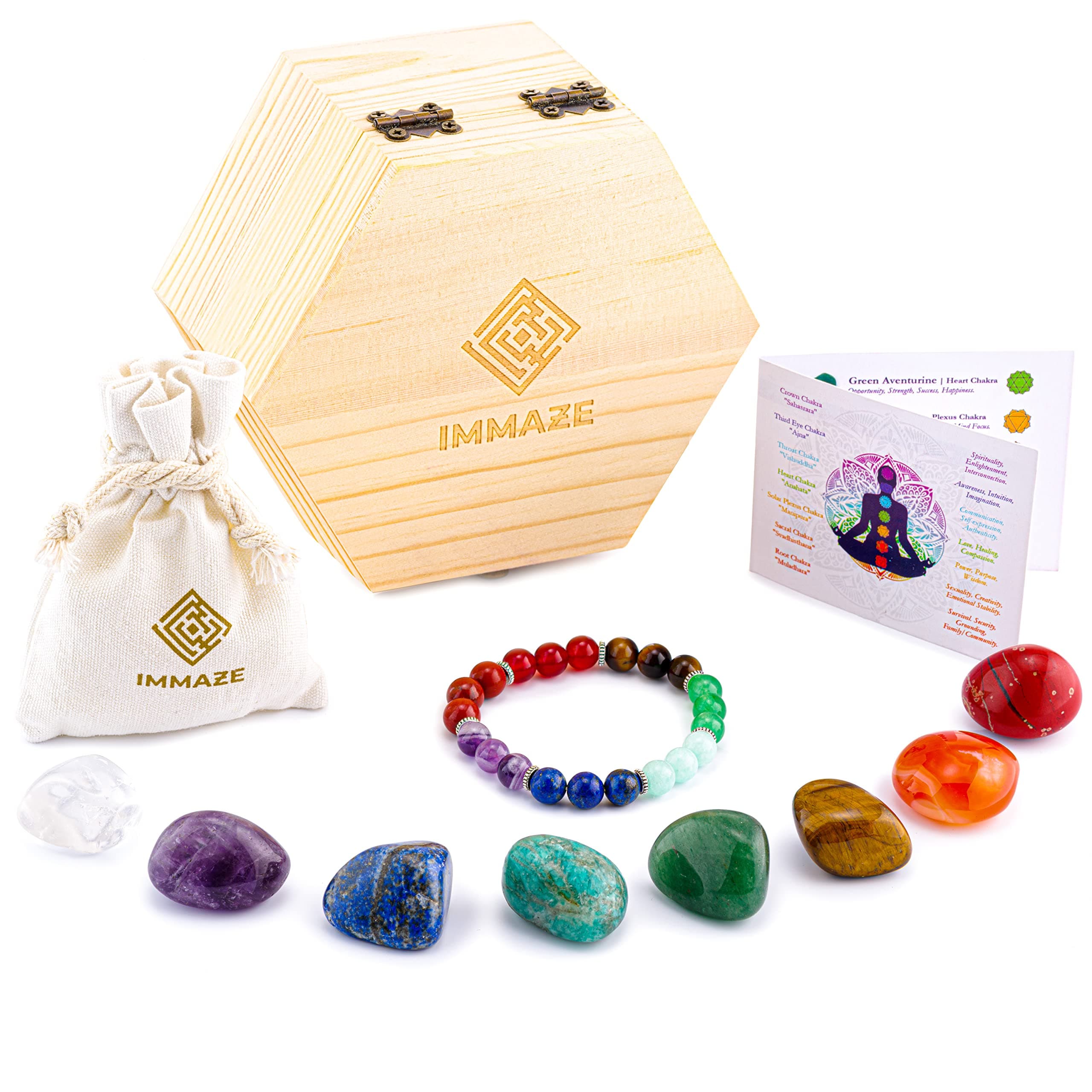 IMMAZE - 8 Chakra Crystals Set with 7 Chakra Healing Crystals and Gemstones Bracelet - Crystals for Beginners - Hexagon Wooden Box Healing Crystal Gifts, Natural Drawstring Bag and Instructions.