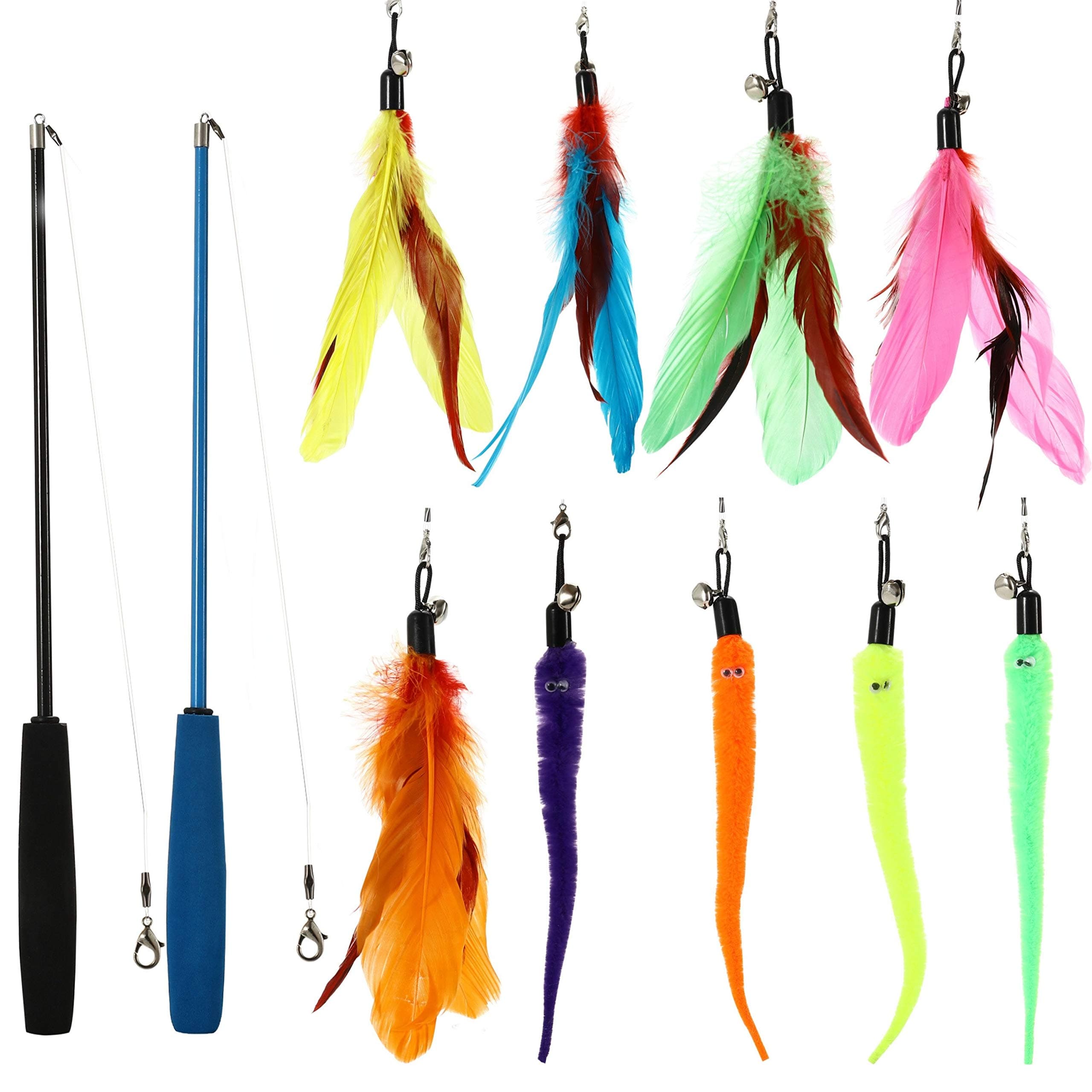 Buddy Wild Cat Toys - Interactive 11 piece toy set with retractable teaser wands and feather worm toys - variety of vibrant colours - activity toys to exercise cats and kittens