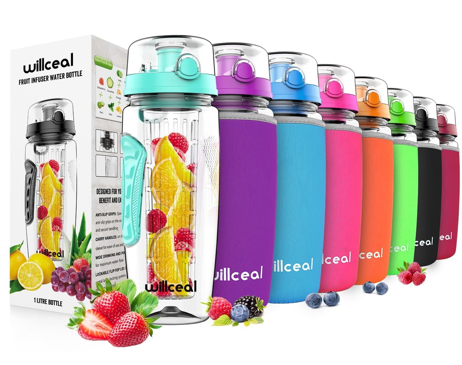Fruit Infuser Water Bottle 32oz- Durable, Large - BPA Free Tritan, Flip Lid, Leak Proof Design - Sports, Camping