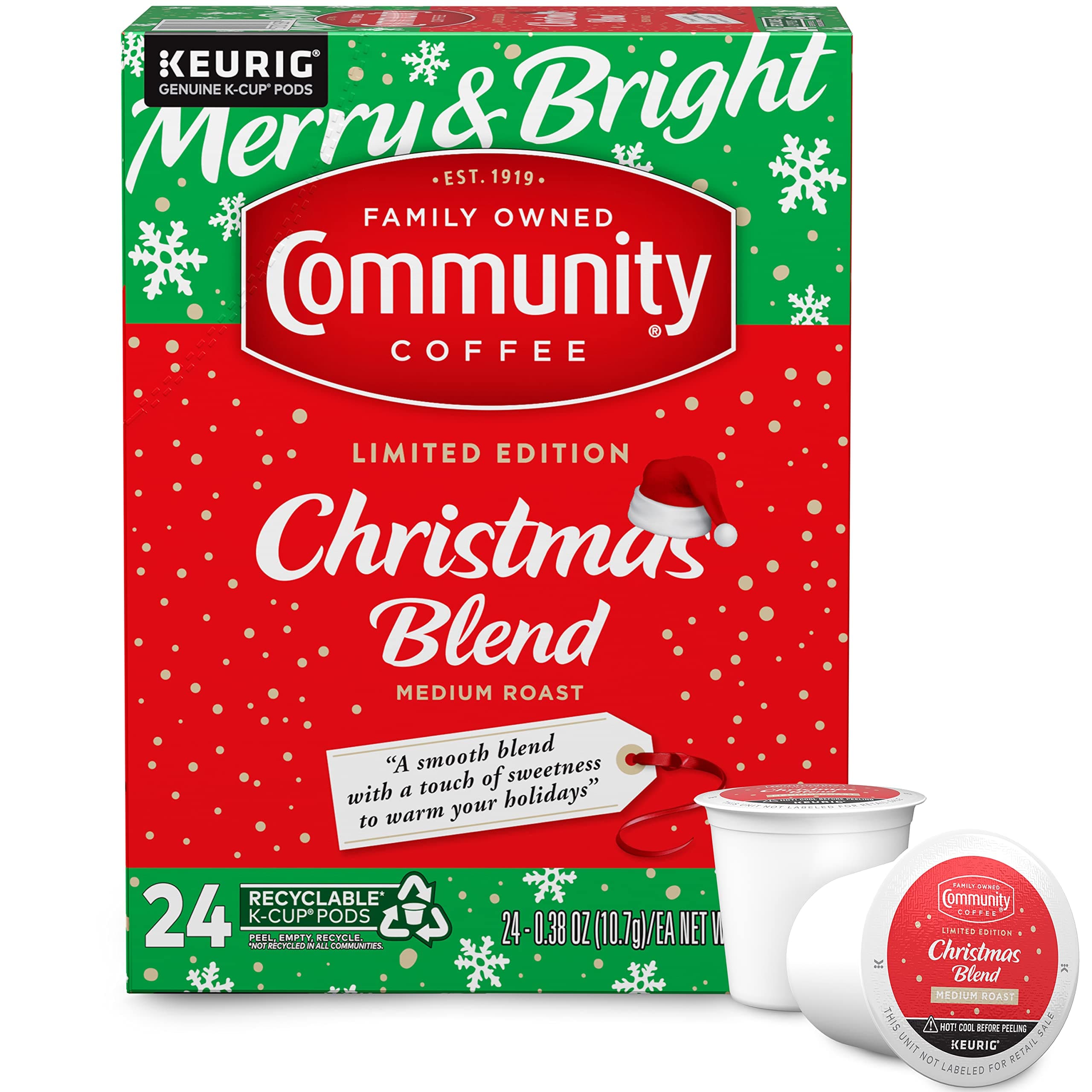 Community CoffeeChristmas Blend 24 Count Coffee Pods, Medium Roast, Compatible with Keurig 2.0 K-Cup Brewers