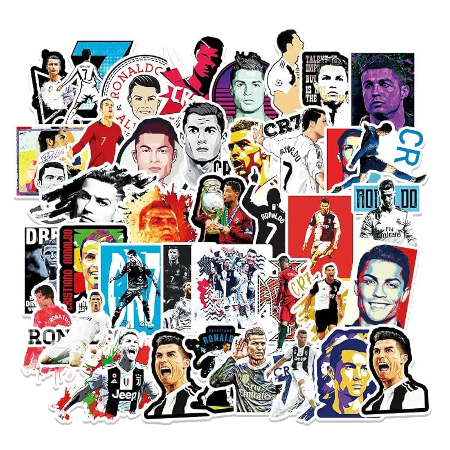 Ronaldo 50 Pcs Vinyl Stickers for Wall, Computer, Laptop, Skateboard, Water Bottle, Mug, Scrapbook Gift for Kids, Birthday Christmas Thanksgiving (Ronaldo)