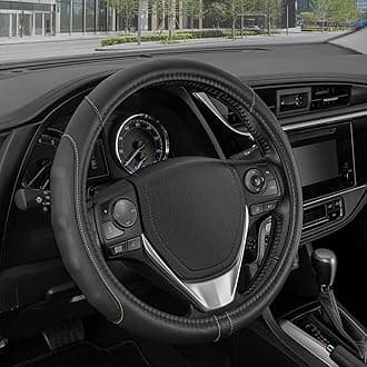 Motor Trend GripDrive Pro Synthetic Leather Auto Car Steering Wheel Cover Black w/Beige Accent Stitching Comfort Grip - Small 13.5 to 14.5 inch - SW-761-BG-S_AM