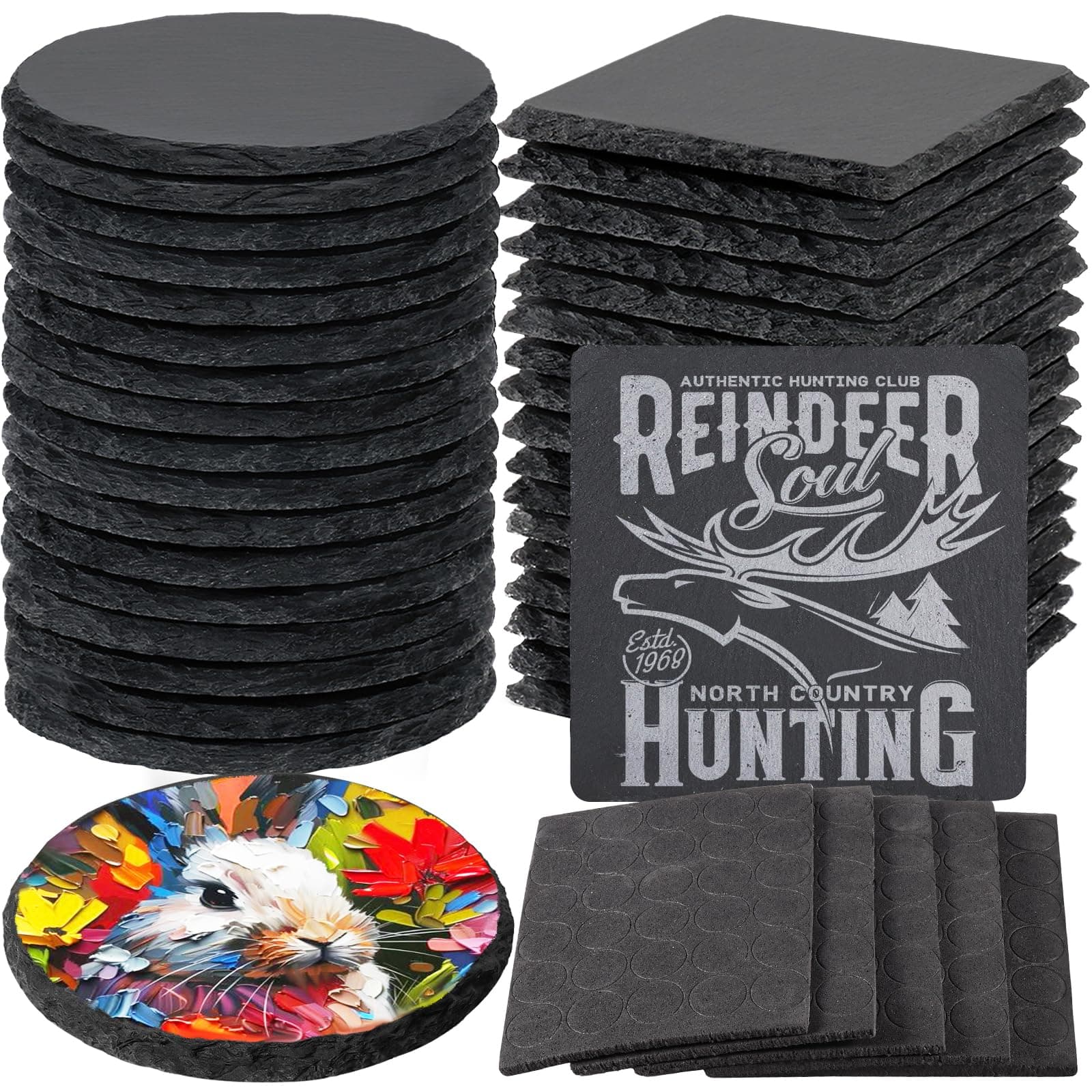 36 PCS Black Slate Stone Coasters Bulk, MAPRIAL Laser Engraving Blanks Material, 18 PCS Square, 18 PCS Round for Engraver, Drinks, DIY Project,Gifts