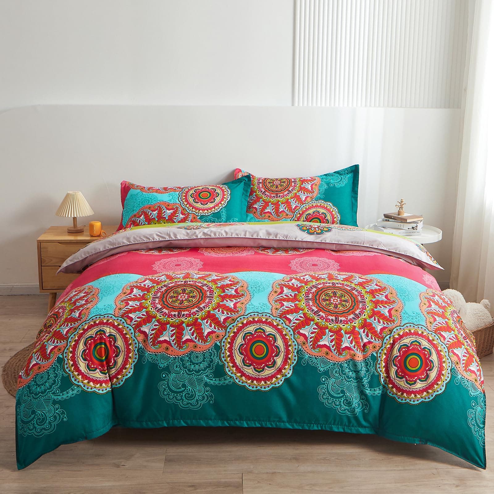 Pangzi Bohemian Duvet Cover King Size,Microfiber Bedding Comforter Cover Set,Boho Colorful Retro Print Duvet Cover