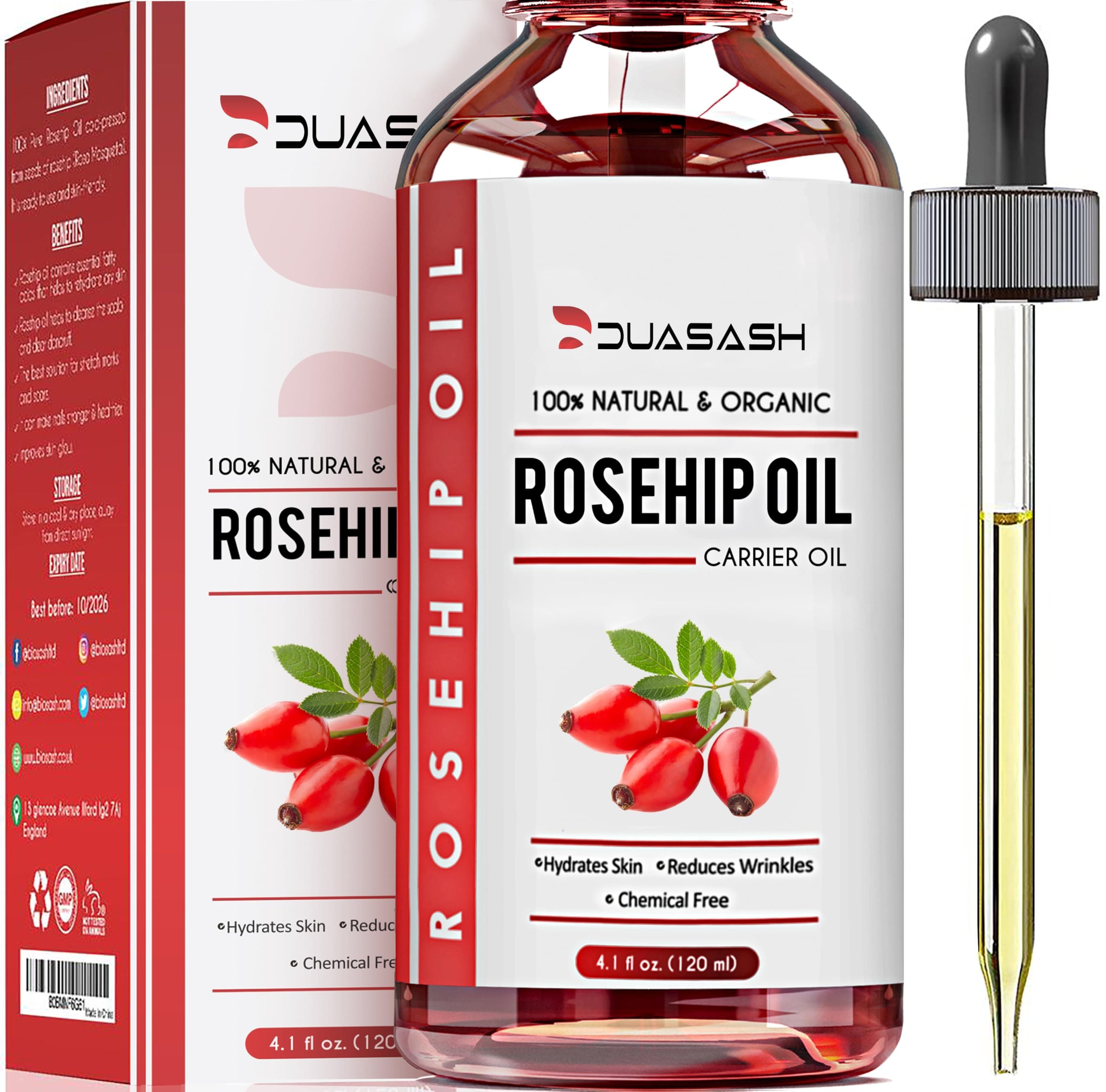 Rosehip Oil for Face, Skin 120ml, 100% Pure Cold Pressed Natural, Unrefined, Hydrating, Nourishing & Moisturising Carrier Oil, Organic Rose hip Seed Oil for Skin, Nails & Hair