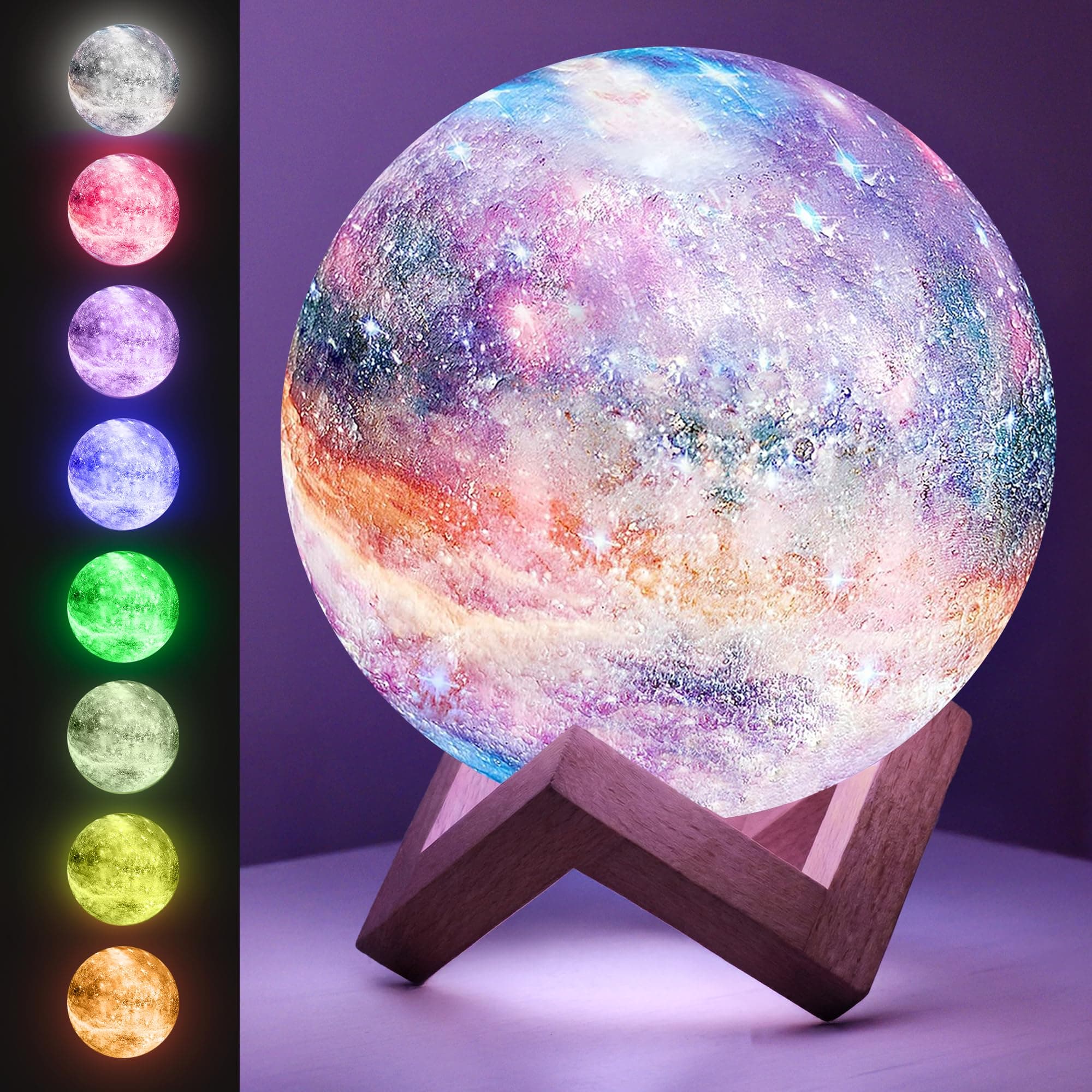 Mind-Glowing Galaxy Moon Lamp with Multi Colors, Touch/Remote, Wood Stand - Birthday Gift for Any Year Old Girls & Boys - Teen Girl Room Decor, Trendy Stuff - Cool Night Light for Kids (4.7 inch)