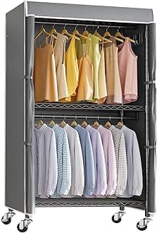 VIPEKV12C Mini Rolling Garment Rack with Cover Heavy Duty Clothes Rack Adjustable Clothing Rack for Hanging Clothes Portable Closets with Double Rods, Wardrobe on Wheels, Black Rack with Grey Cover