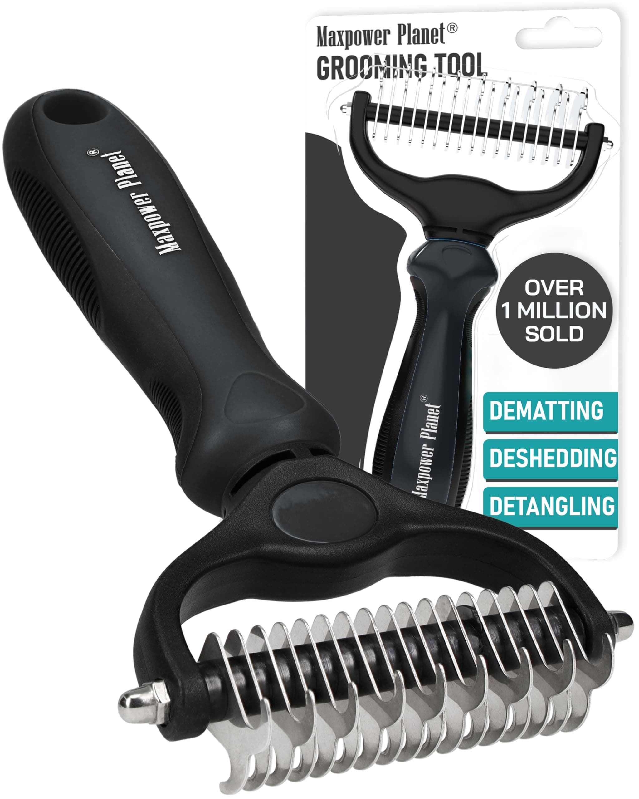 Maxpower Planet Dog Brush - Double Sided Deshedding Dematting Tool - Undercoat Rake, Long Haired Cats & Dogs - Black