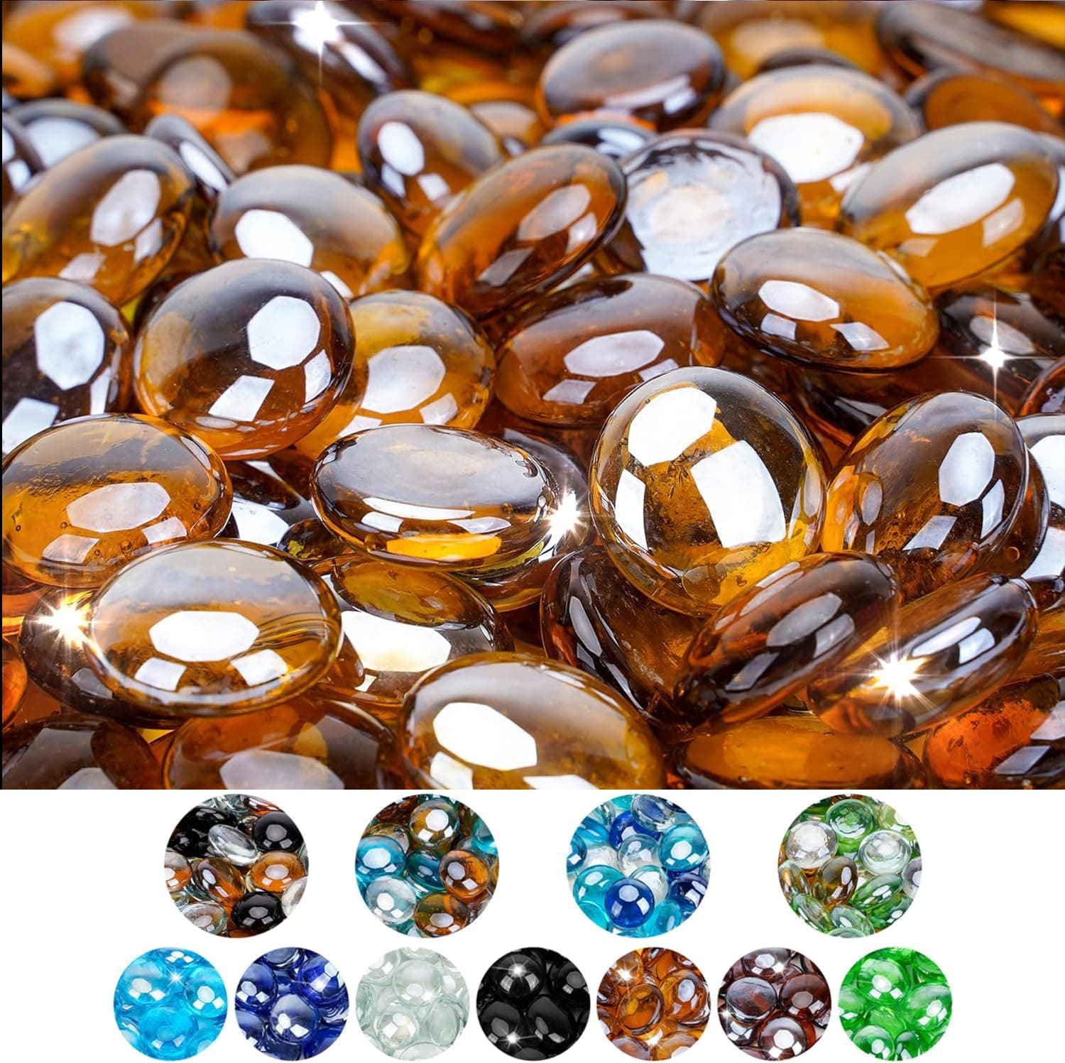Mr. Fireglass 10 Pound Fire Glass Beads, 1/2" Reflective Round Fire Glass Drops for Fireplace Fire Pit & Lanscaping, High Luster Caramel
