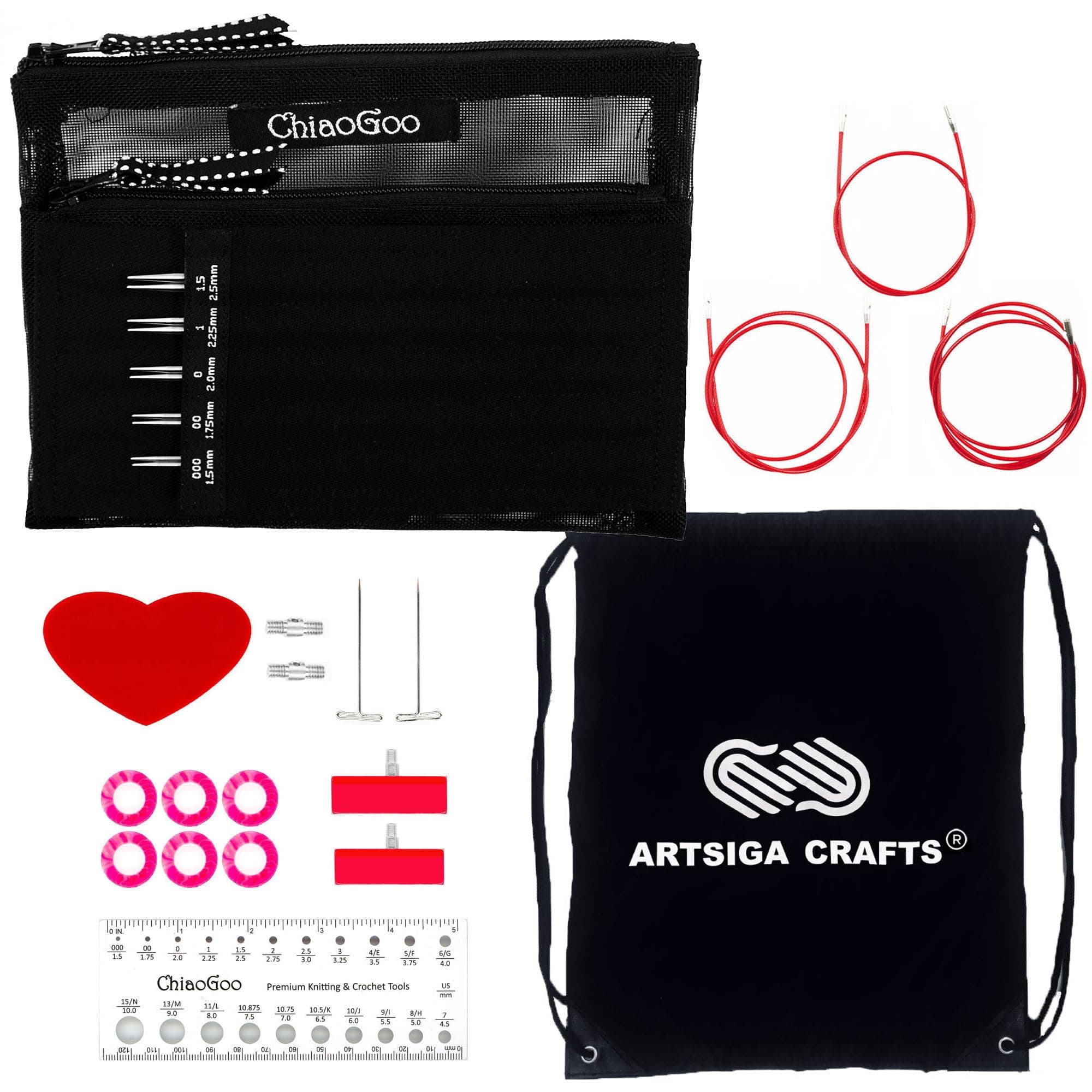 ChiaoGoo Twist Red Lace 5-Inch Mini 7500-M Interchangeable Circular Needle Set, Sizes US 000, 00, 0, 1, 1.5 with 3 Cords, Connectors, Stitch Markers, Stoppers with Project Bag