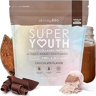 SkinnyFitSuper Youth, Chocolate (30 Servings) - Multi Collagen Peptides Powder - Probiotics, Fiber, Hyaluronic Acid - Collagen for Women - Non GMO, Gluten Free, Sugar Free - Beauty & Self Care