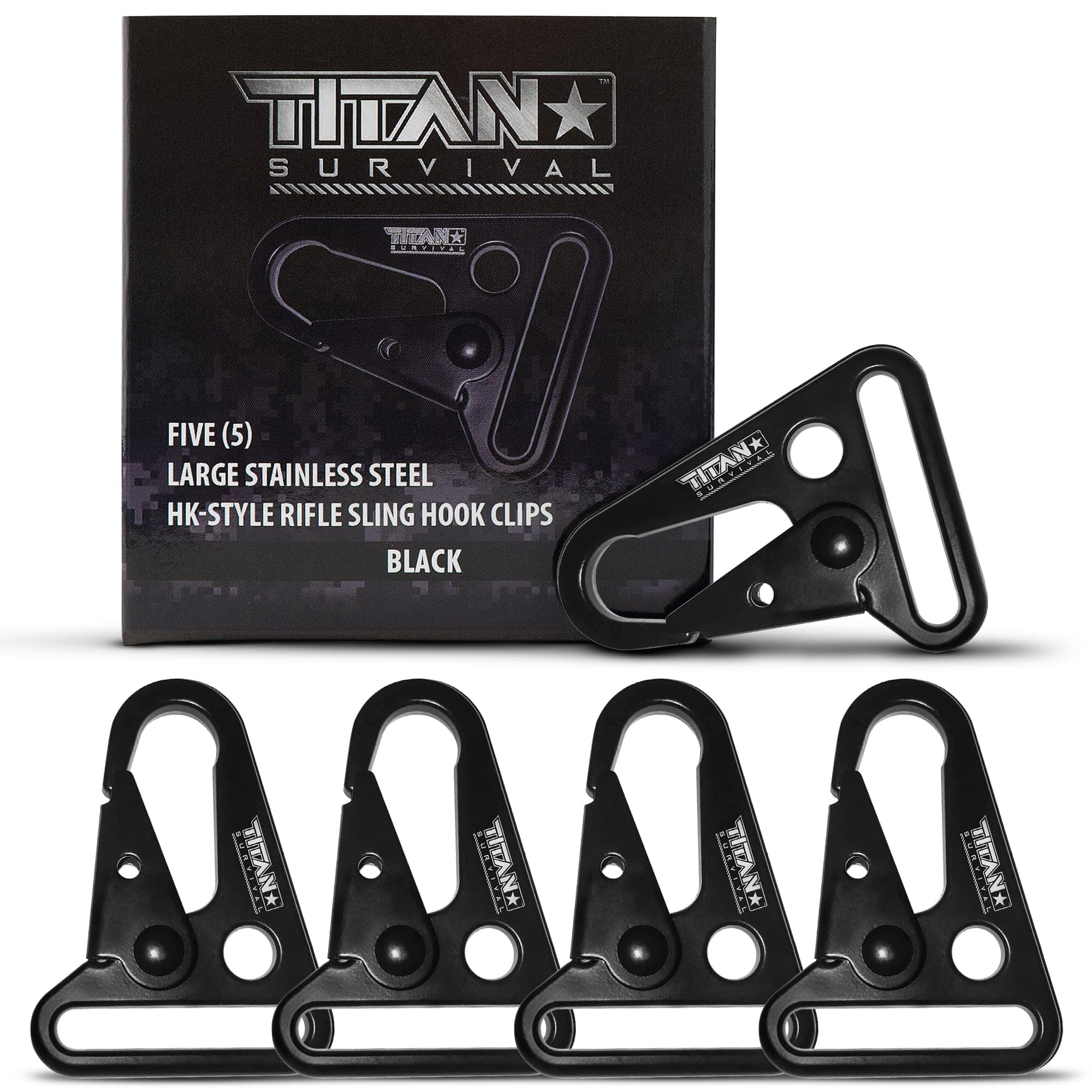 TITAN Survival 5 Pack HK Sling Hook Heavy-Duty Gear Security - 250 LB Capacity Durable Sling Hooks for Rifle Strap with Stamped Hole for 1 & 2-Point Configurations - Tactical Rifle Sling Clips