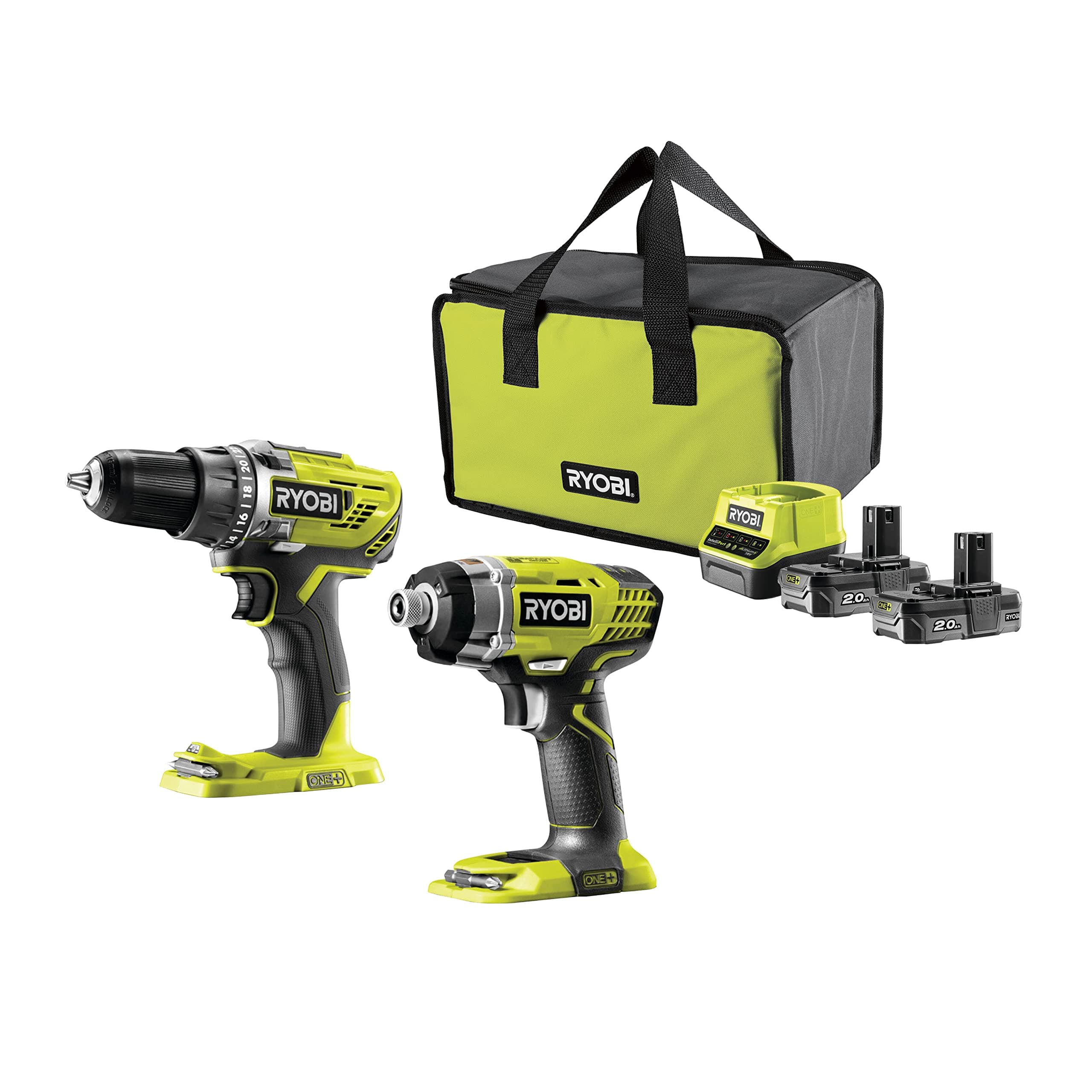 RYOBI - Duo ONE+ 18 V: Drill Driver + Impact Wrench - Supplied in Carry Bag with 2 Batteries 2.0 Ah + 1 Quick Charger - R18DDID-220S