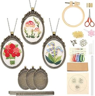 ZOCONE 3 Packs Embroidery Necklace Kit, Embroidery Pendant Kits Mini Cross Stitch Kit with Hoop, Necklace, Pendant, Beads, Stamped Pattern Cloth, Instructions, etc., Embroidery Kits for Adults