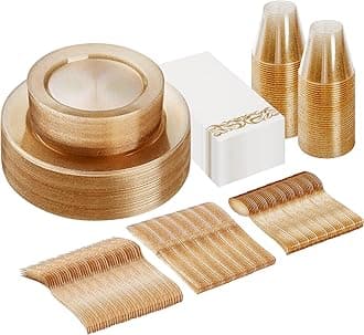 Goodluck 175 Pieces Dinnerware Set for 25 Guests, Plastic Plates Disposable for Party, Include: 50 Gold Glitter Plastic Plates, 25 Paper Napkins, 25 Cups, 25 Gold Glitter Silverware Set