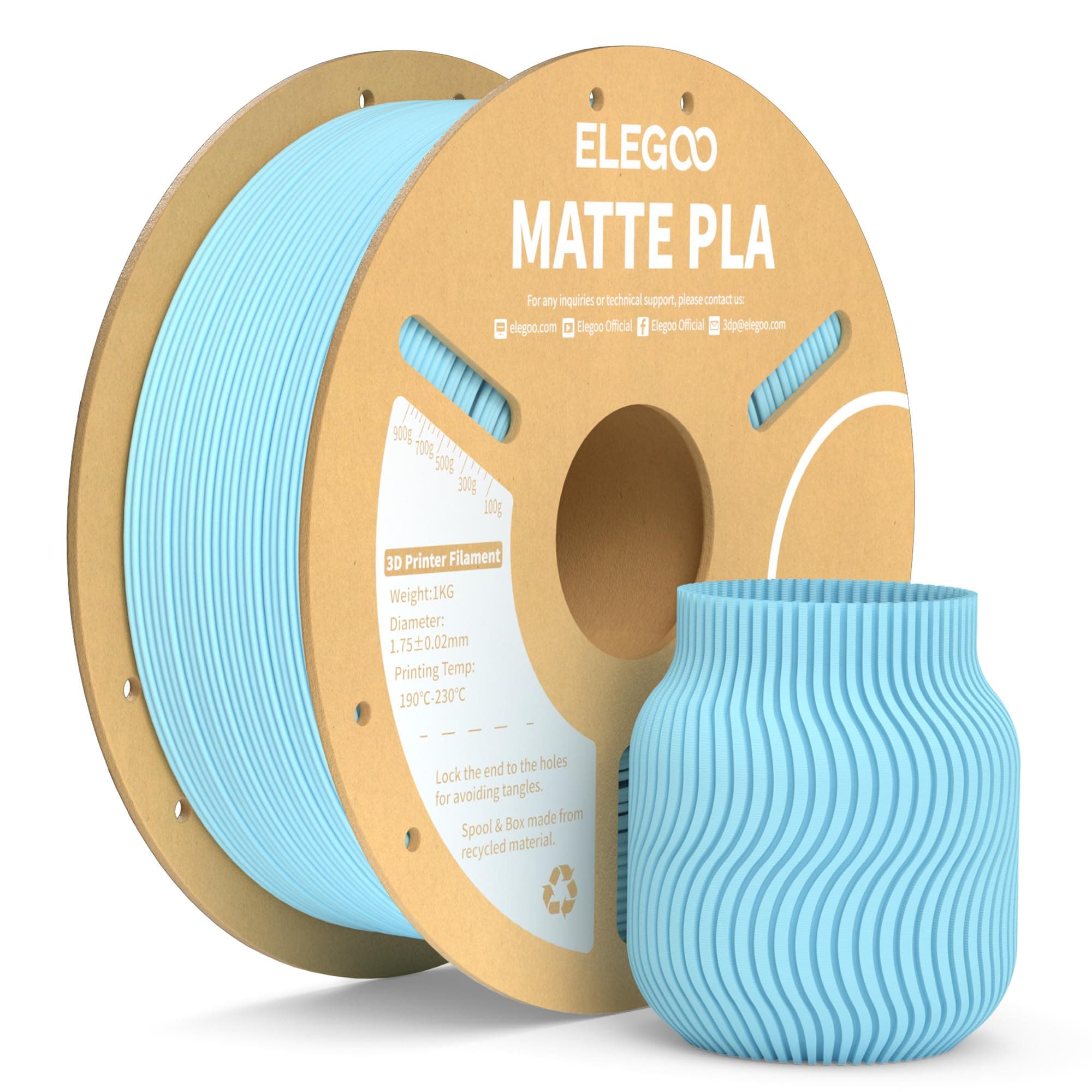ELEGOO Matte PLA Filament Ice Blue 1KG, 1.75mm 3D Printer Filament Dimensional Accuracy +/- 0.02mm, 1kg Carboard Spool (2.2lbs) Fits for Most FDM 3D Printers