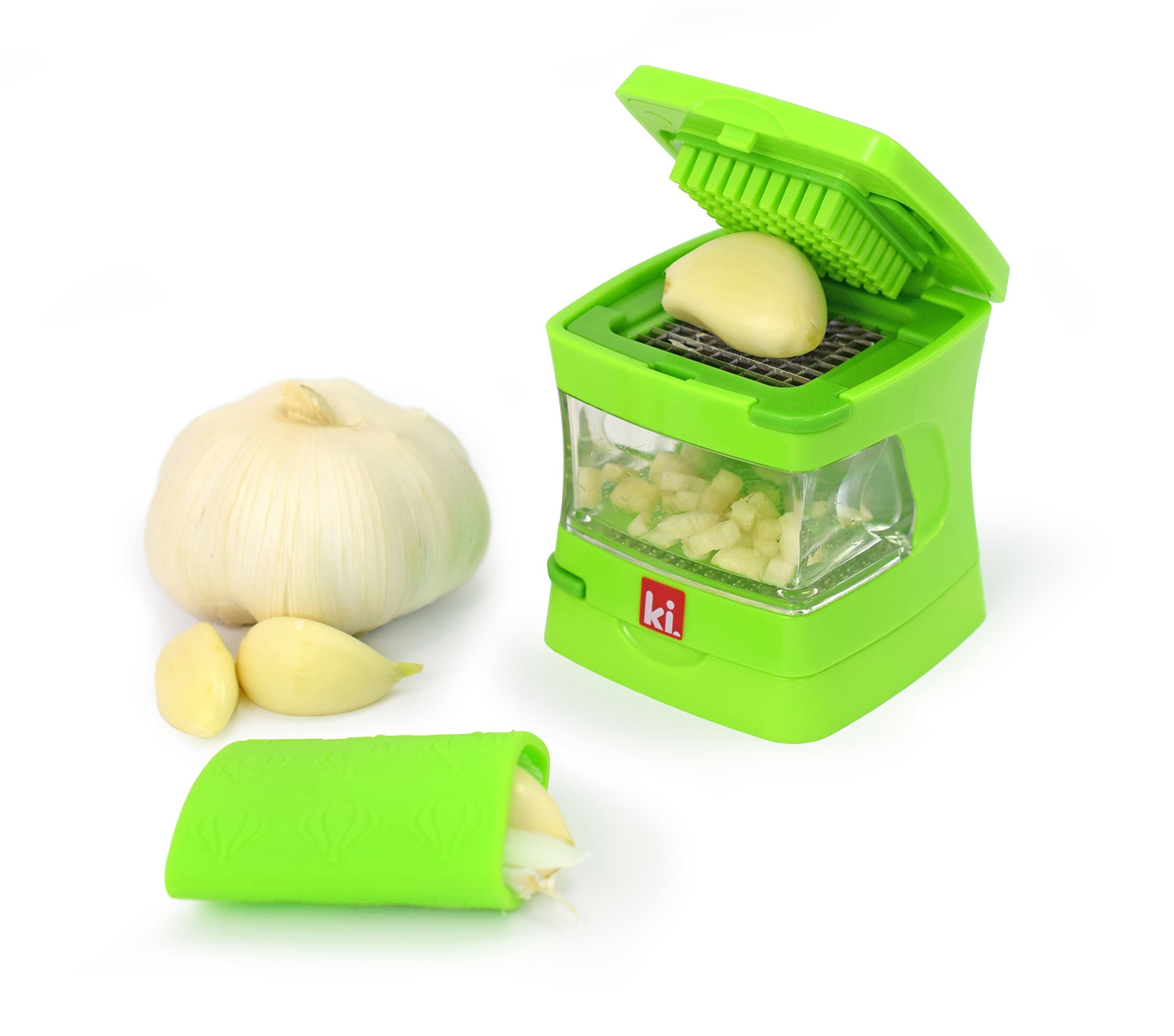 Garlic-A-Peel Garlic Press, Crusher, Cutter, Mincer, and Storage Container - Includes Silicone Garlic Peeler - Easy to Clean - Stainless Steel Blades – (Green)