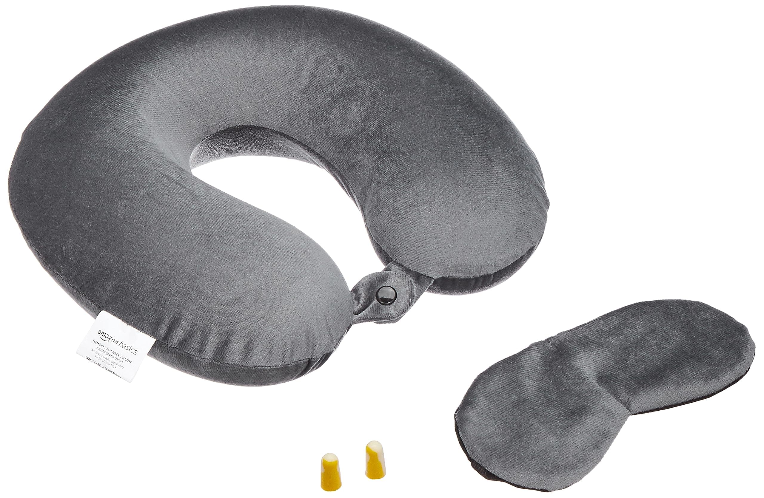 Amazon Basics Memory Foam Travel Neck Pillow with Eye Mask & Ear Plugs Combo|Ultra Soft Velvet Fabric|Ergonomically Designed for Ultimate Comfort for Air, Car, Train, Bus Travel- Grey, Standard Size