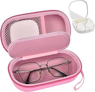 GWCASE Portable 2 in 1 Contact Lens Case and Glasses Case, Traveling Cases Bag Box Holder with Soak Storage Kit Included Built-in Mirror, Tweezer, Contact Lens Solution Bottle and Hand Strap-Pink
