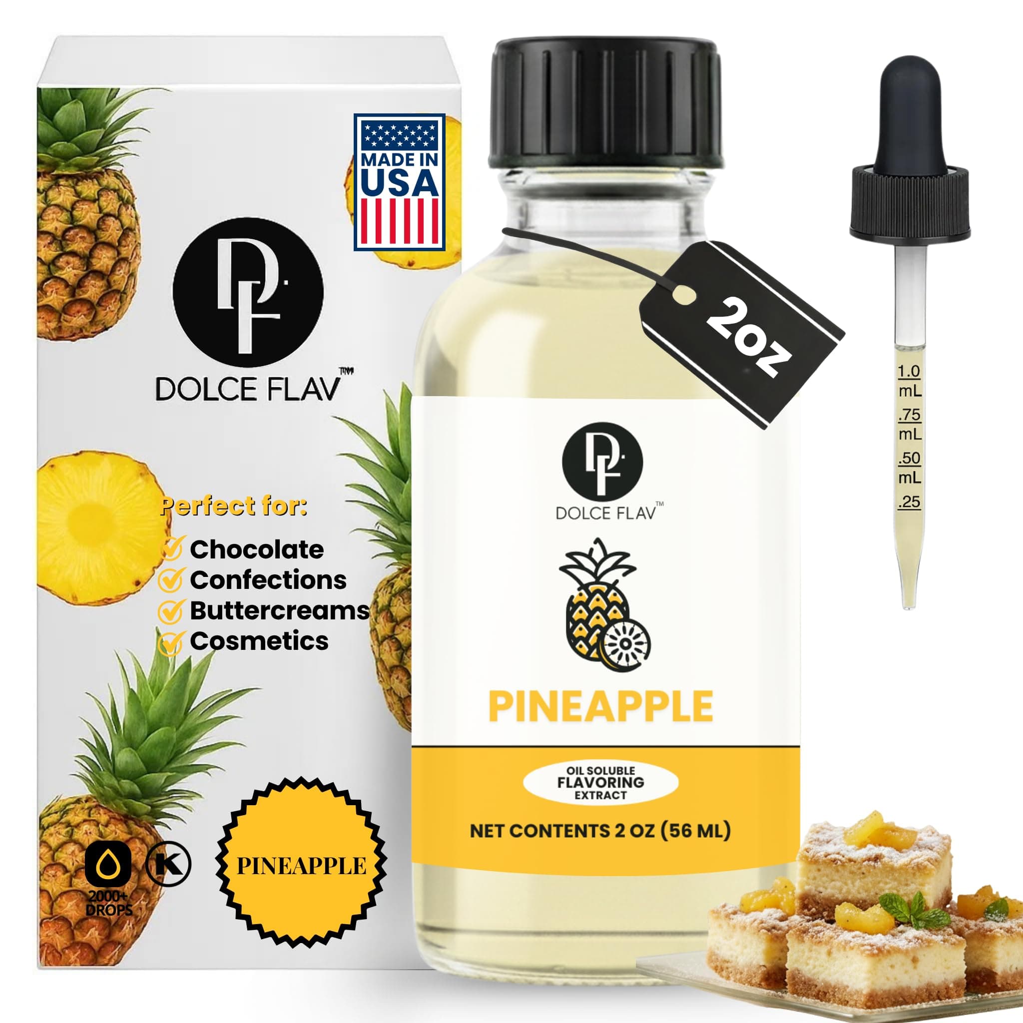 Dolce Flav Pineapple Extract – 2 Ounce Oil-Soluble Kosher, Sugar-Free, Concentrated Tropical Flavor for Candy, Chocolates & Desserts, Includes Measured Dropper