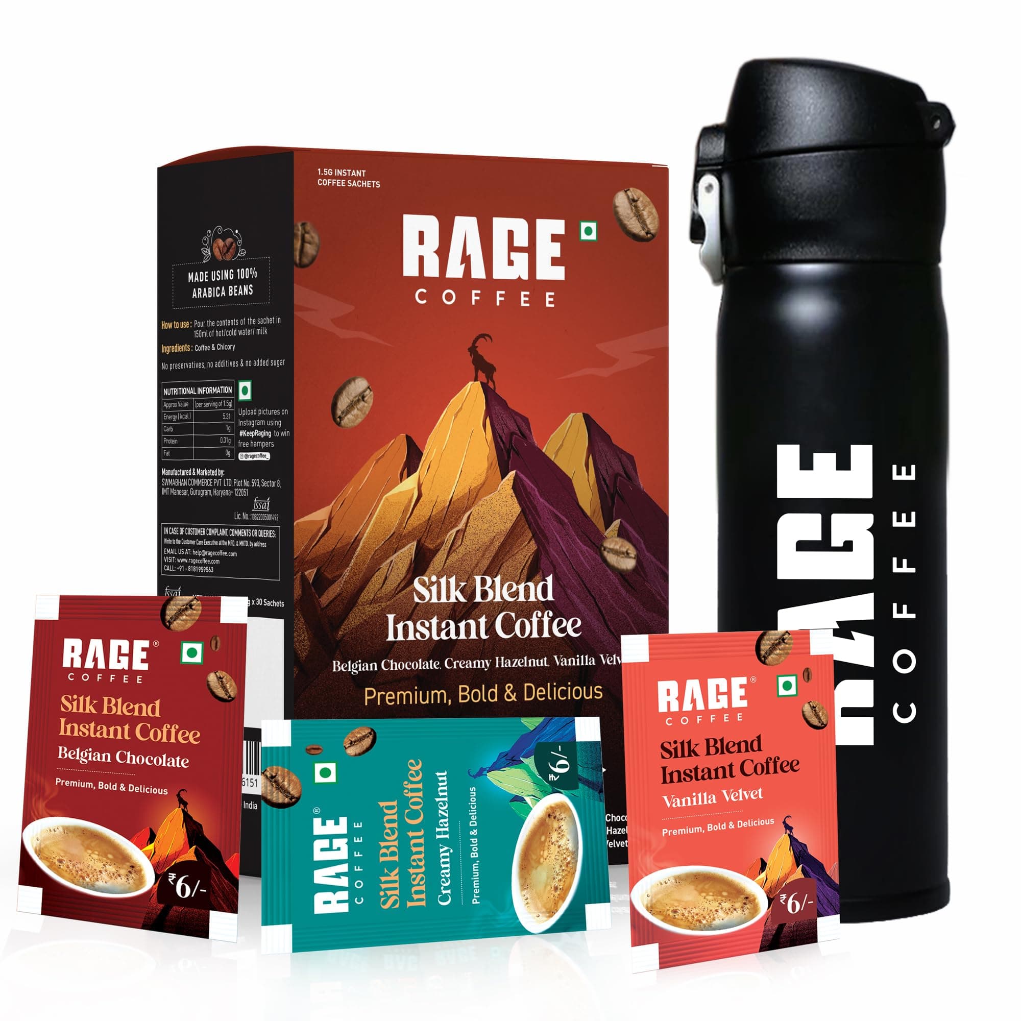 Rage Coffee Silk Blend Assorted Sachets | Pack of 30 | (10 Sachets Each Flavour) + Free Flask