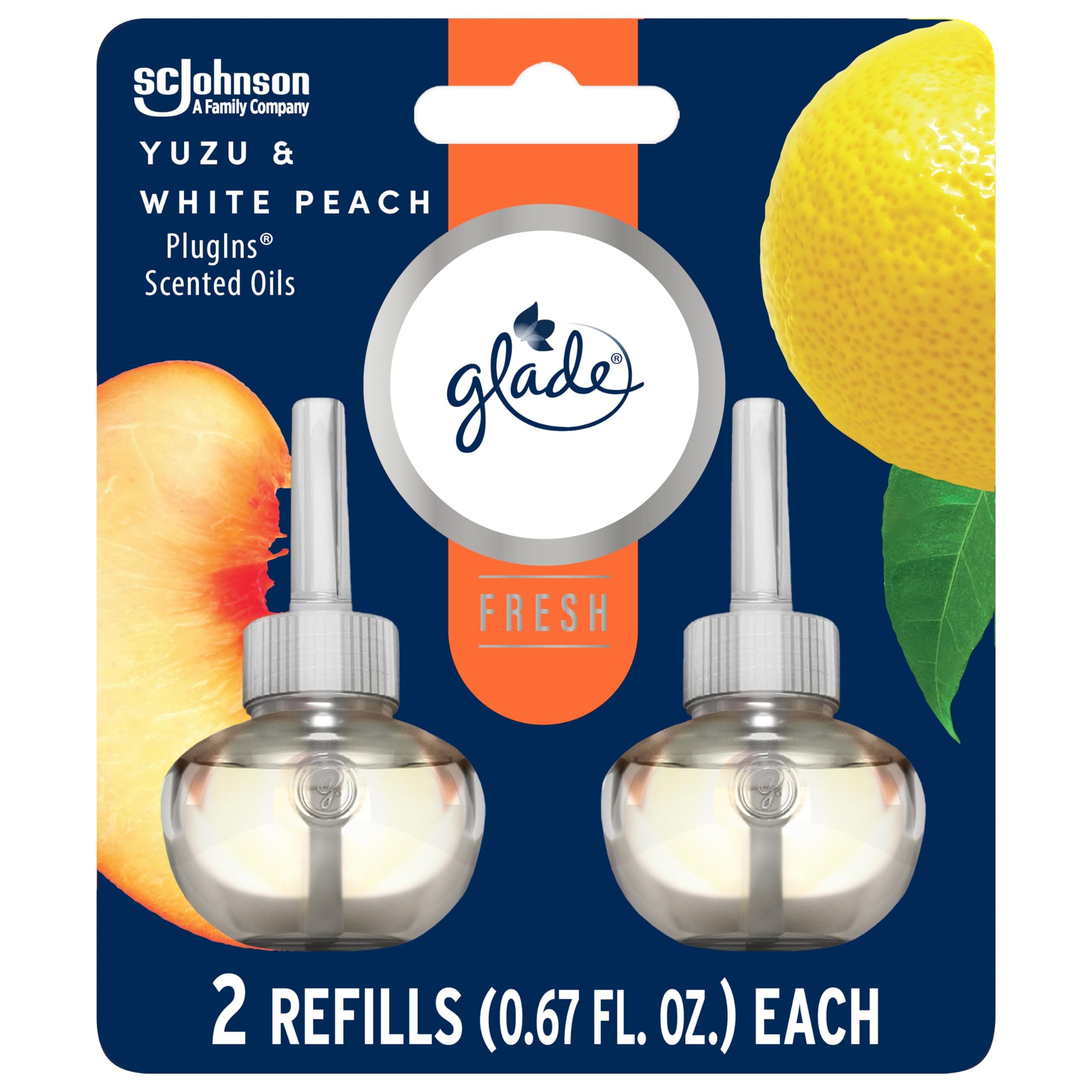 PlugIns Refills Air Freshener, Scented and Essential Oils for Home and Bathroom, Yuzu & White Peach, Fresh Collection 1.34 Fl Oz, 2 Count