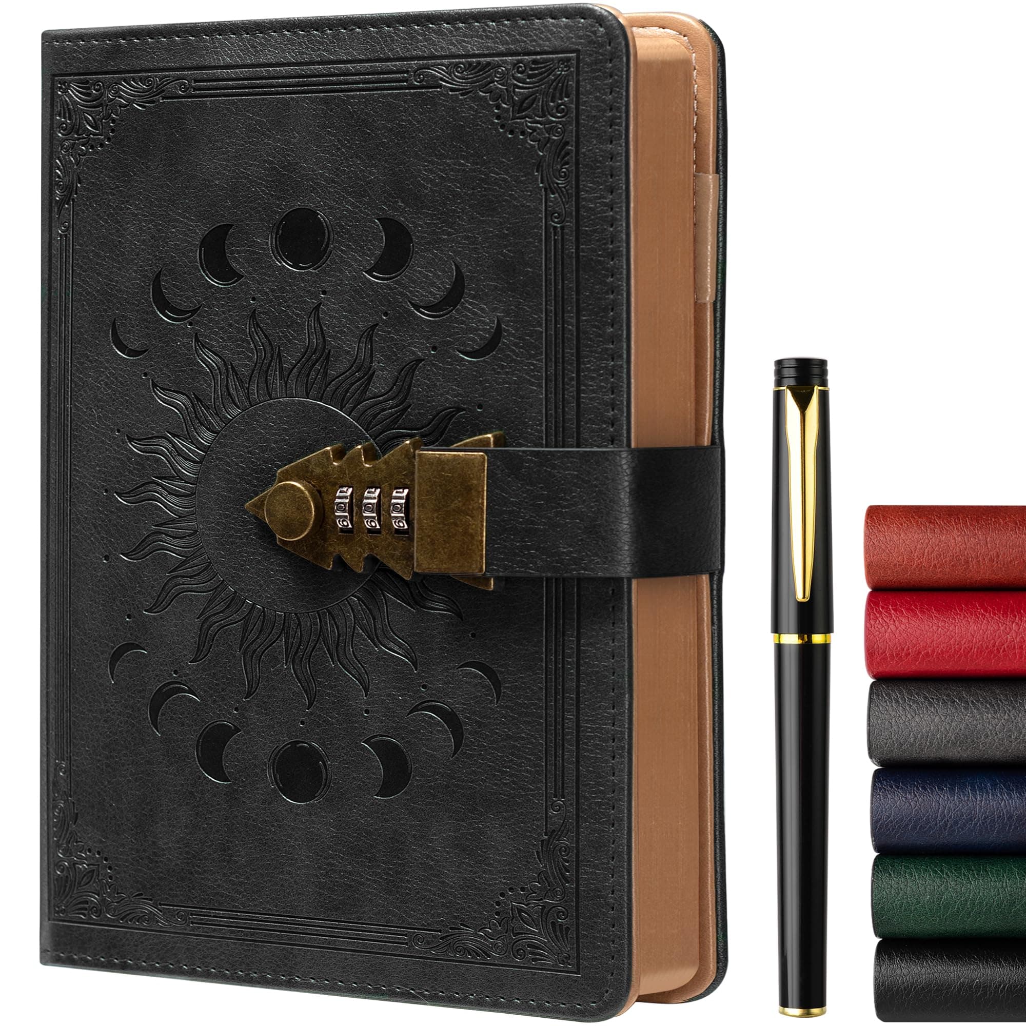A5 Journal with lock, 120Gsm 224 Pages Lock Diary, Pen Set, Brown Edge, Refillable, Leather Hardcover, Fine Inner Pocket (5.9 x 8.5 inch) - Black