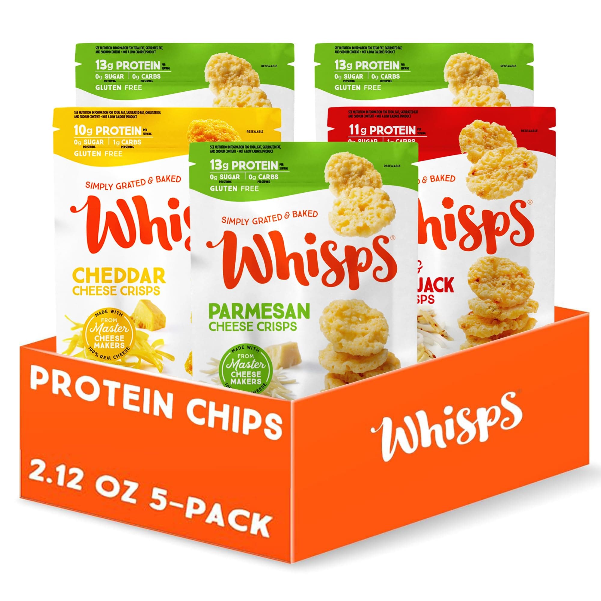 Whisps Cheese Crisps Variety Pack | Protein Chips | Healthy Snacks | Protein Snacks, Gluten Free, High Protein, Low Carb Keto Food | Parmesan, Cheddar, Asiago (2.12 Oz, 5 Pack)