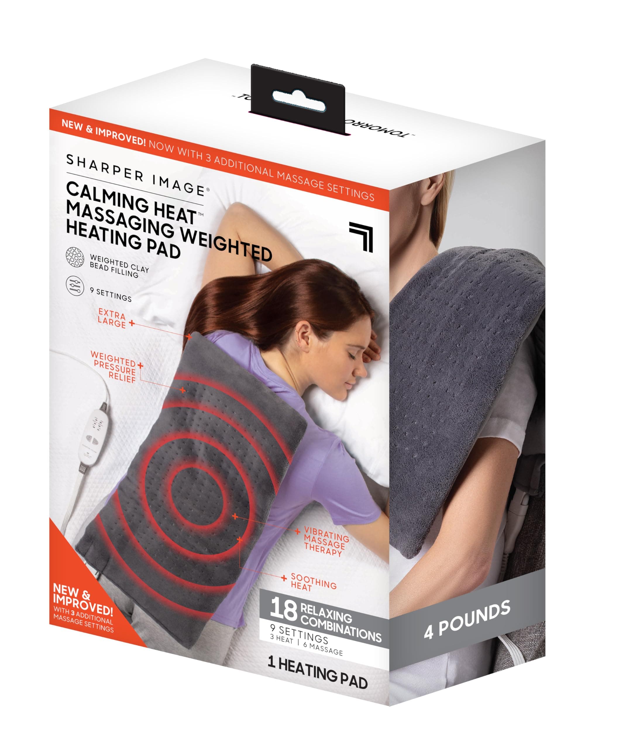 Calming Heat Massaging Vibrations Weighted Heating Pad by Sharper Image | Temperature Settings, Auto Shut-Off Feature, Gift for Holidays, Women & Men | 3 Heat, 6 Massage, 12” x 24”, 4 lbs
