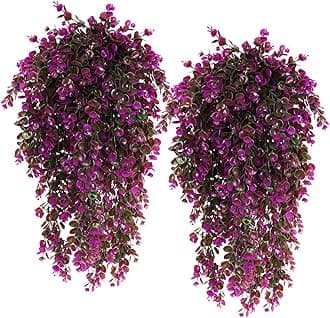 RECUTMS Artificial Hanging Plants Outdoors Faux Greenery Realistic Outdoor Porch Ferns,4 Pcs (Fuchsia)