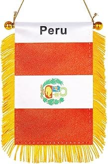 WXTWK 3 X 5 Inch Peru Flag Peruvian Window Hanging Flag Small Mini Car Flags Banners Rearview Mirror Decoration With Suction Cup Golden Fringy Banner