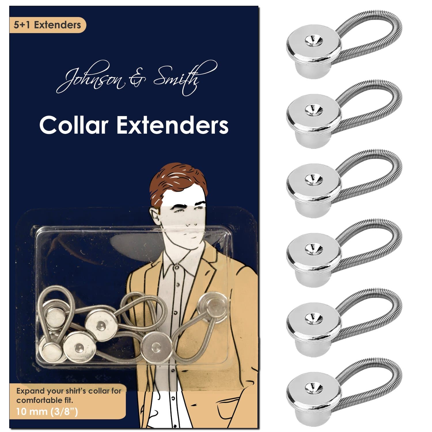 Johnson & Smith Collar Extenders/Neck Extender/Wonder Button for 1/2 Size Expansion of Men Dress Shirts, 5 +1 Pack, 3/8"