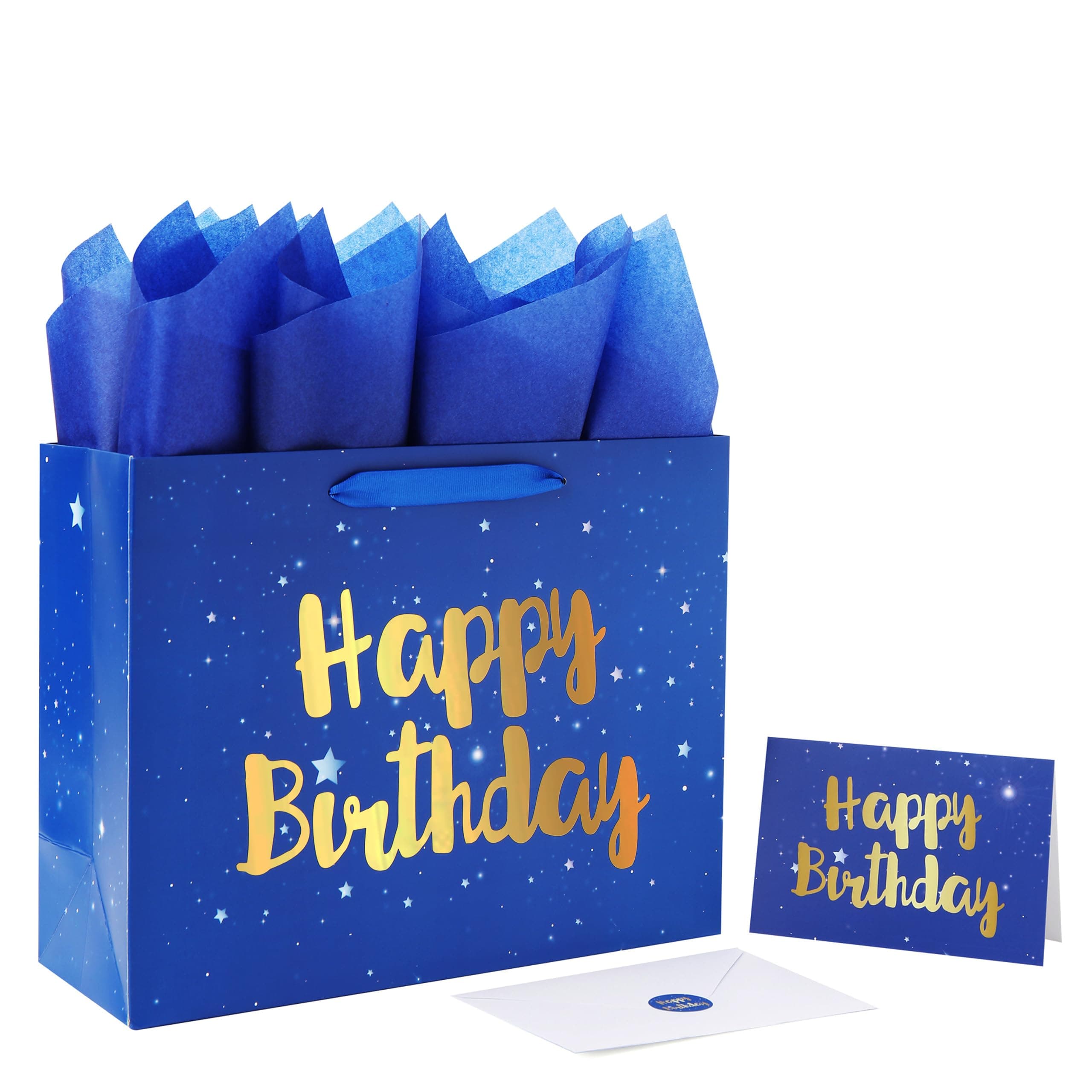 13" Large Blue Gift Bag Set with Greeting Card and Tissue Papers (Stars and Gold Foil‘Happy Birthday’) for Men's or Boys, Girls or Kids, Baby Shower