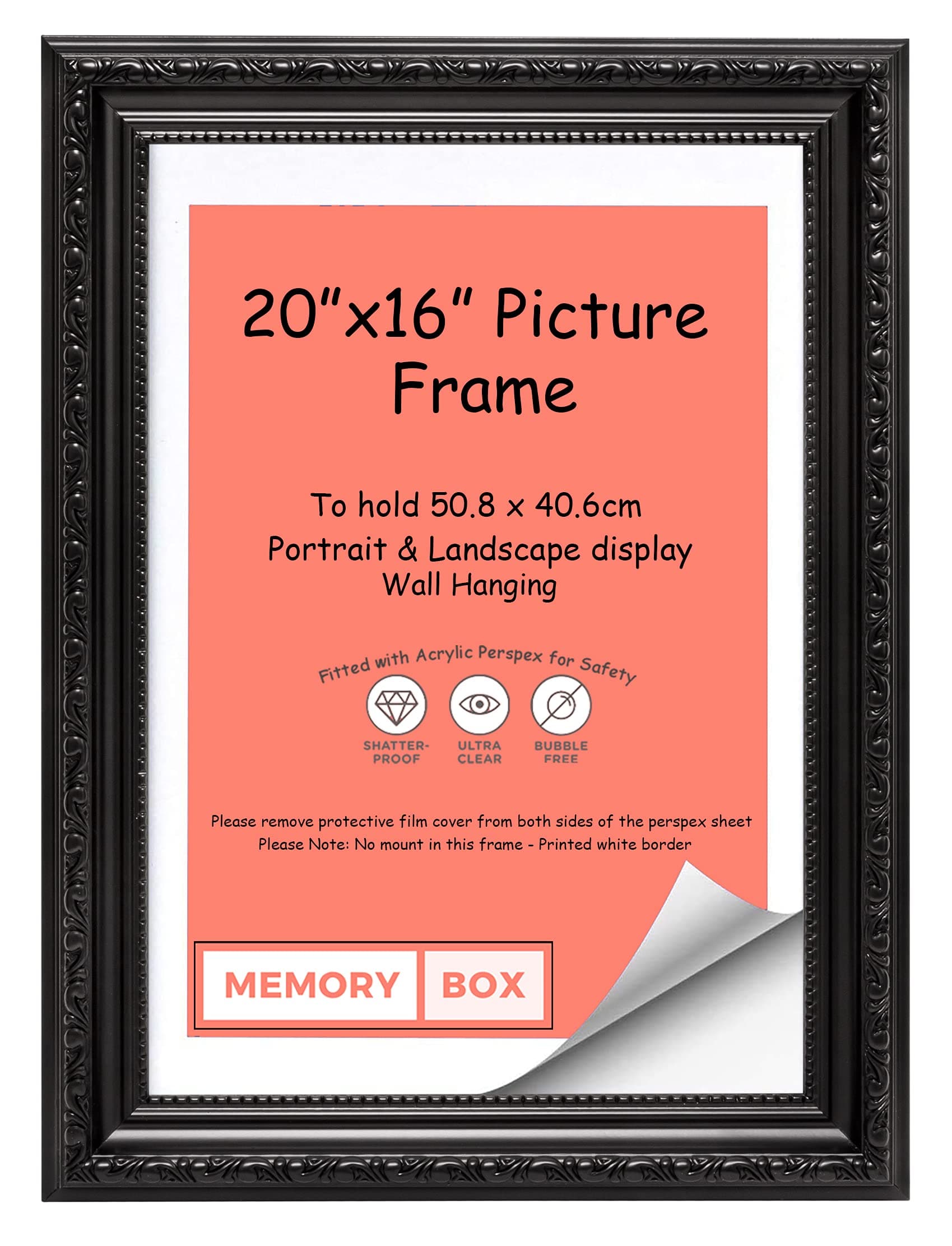 Memory Box Black – 20" x 16" Ready to hang Ornate Shabby Chic Picture/Photo/Poster frame with High Clarity Styrene Shatterproof Perspex Sheet & MDF backing board
