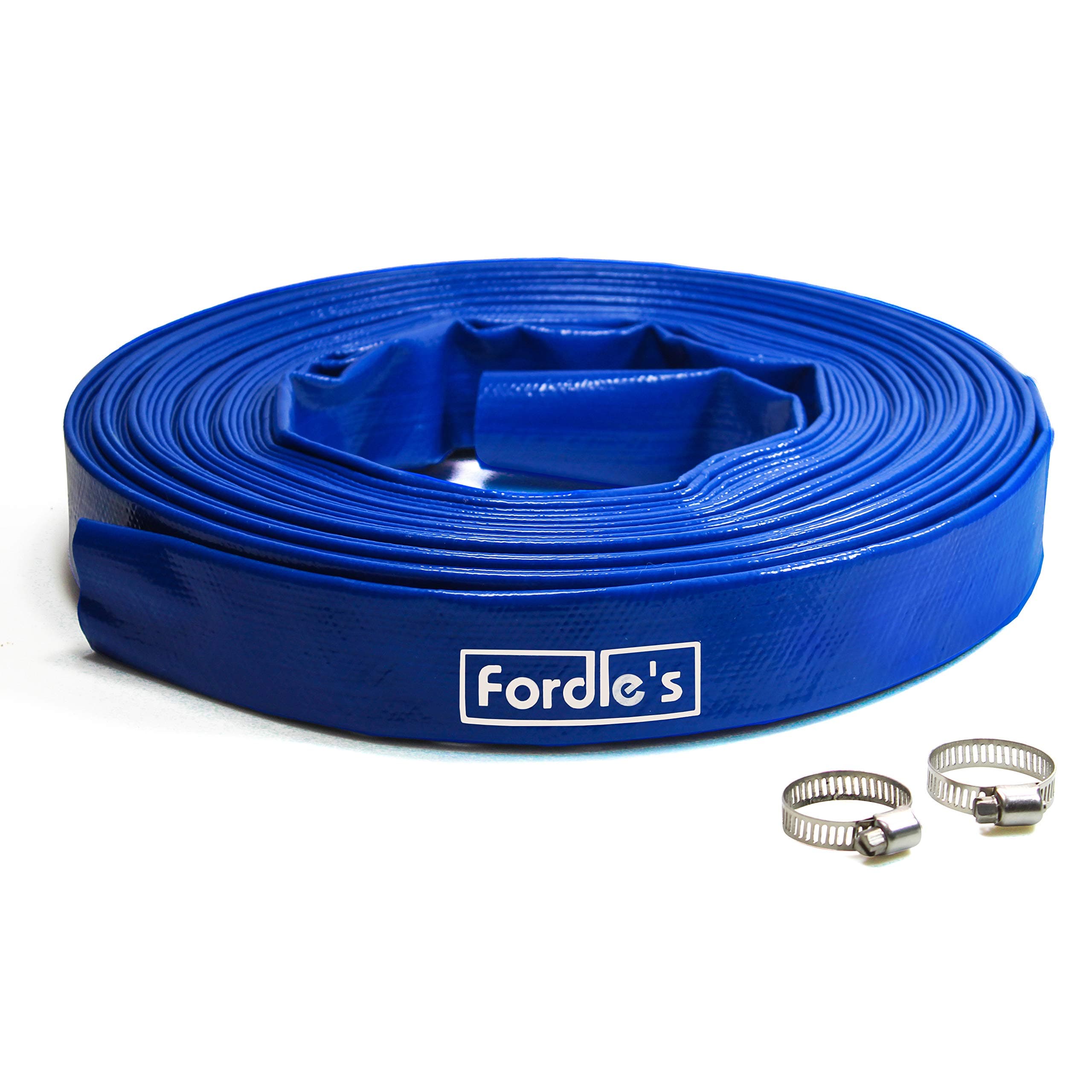 Fordle’s 20m x 25mm Diameter Layflat Discharge Hose Pipe Compatible with Submersible Water Pump – Blue PVC Reinforced with Polyester– Includes 2 Clips